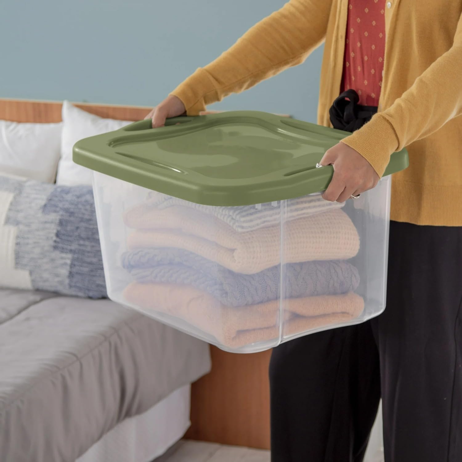 40 Quart Clear Plastic Storage Container with Full-Grip Handles, Green Lid, 2 Pack