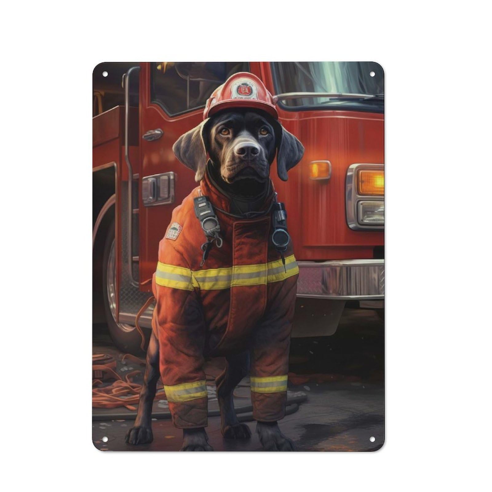 Junmoney Style Tin Wall Plaque 40X30cm With Cute Funny Dog Firefighter For Hobby Room Or Studio, For Kitchen, Dining Room And Home Bar Wall Decor
