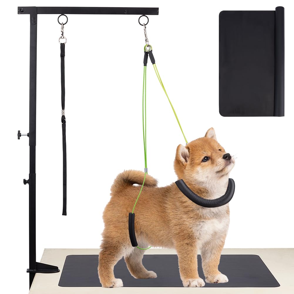 OLYCRAFT Dog Grooming Arm with Clamp Adjustable Pet Grooming Table Arm with Non-Slip Mat Pad Foldable Dog Groomings Table Arms with No Sit Haunch Holders Loop Noose for Small Medium Pets at Home