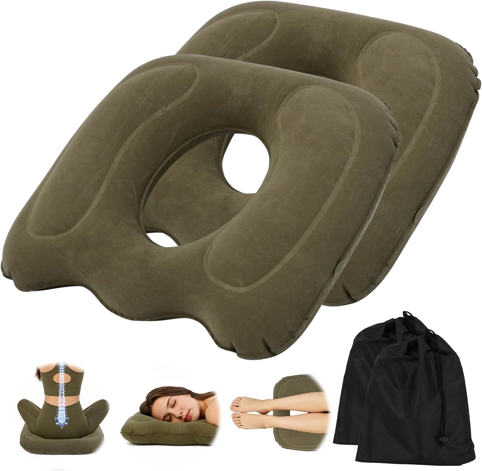 WRENYZK 2 Pcs Inflatable Donut Pillow Hemorrhoid Cushion, Portable Donut Pillow , Adjustable Inflatable Seat Cushion for Tailbone Pain Relief, Postpartum Pregnancy, Sciatica,Bedsores (Gray)