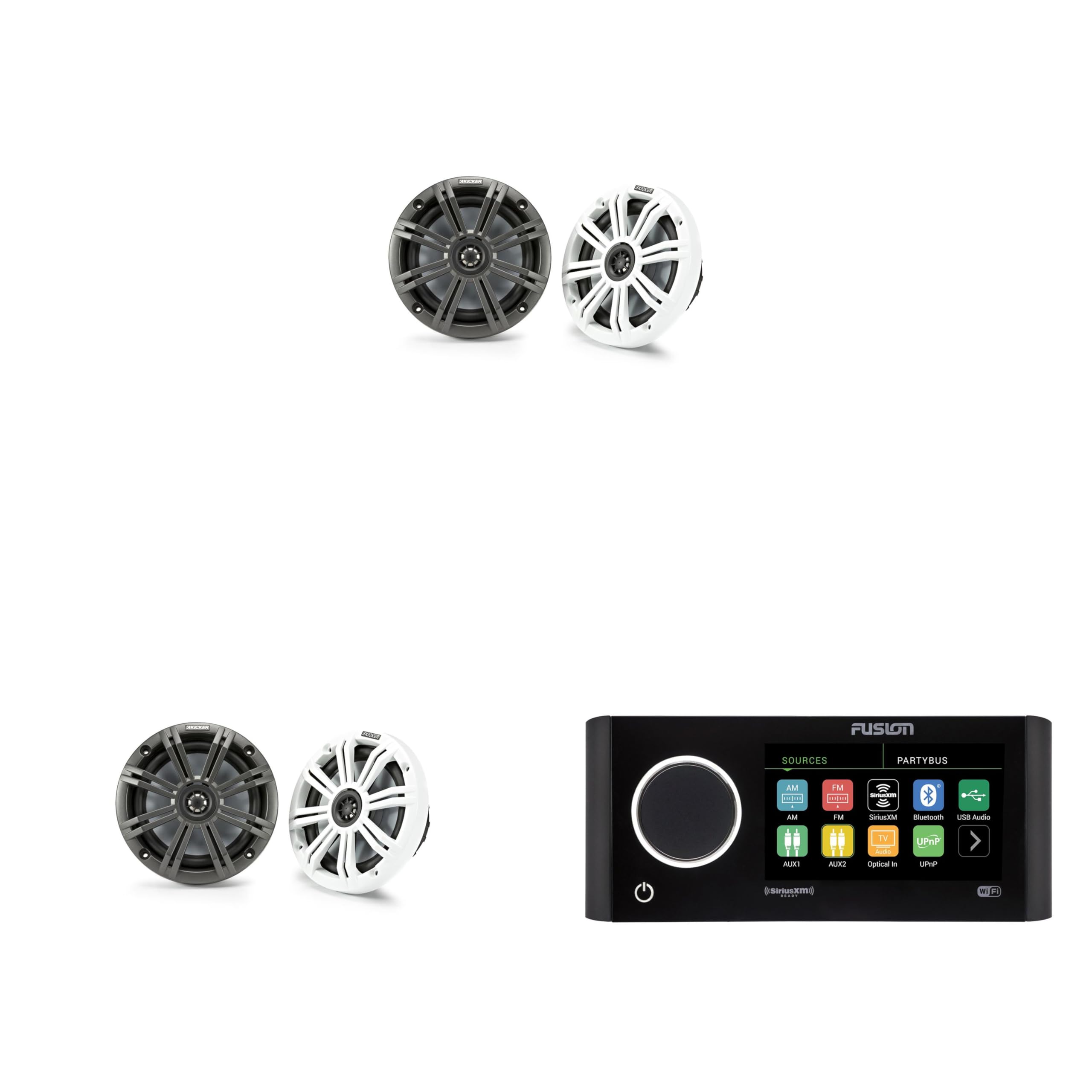 Kicker (2 Pair) KM65 6.5-Inch (165mm) Marine Coaxial Speakers with 3/4-Inch (20mm) Tweeters, 4-Ohm, Charcoal and White Grilles, Bundled with MS-RA770 Apollo Marine Receiver