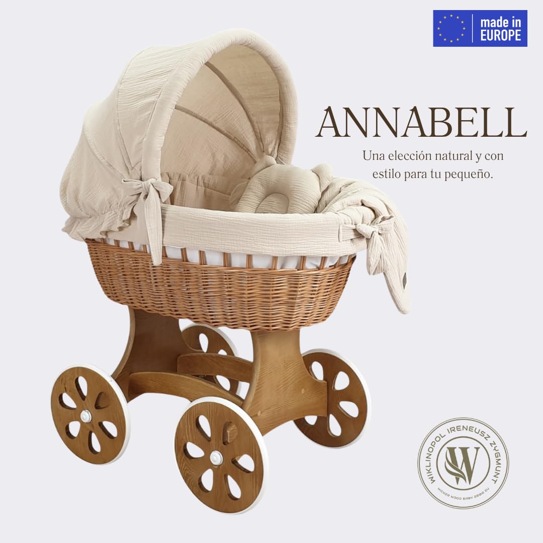 Wiklinopol Moisés de Mimbre para Bebé con Soporte de Madera y Ruedas Annabell – Cuna con Colchón y Ropa de Cama 5 Piezas Muselina Beige – Cochecito Natural para Recién Nacido