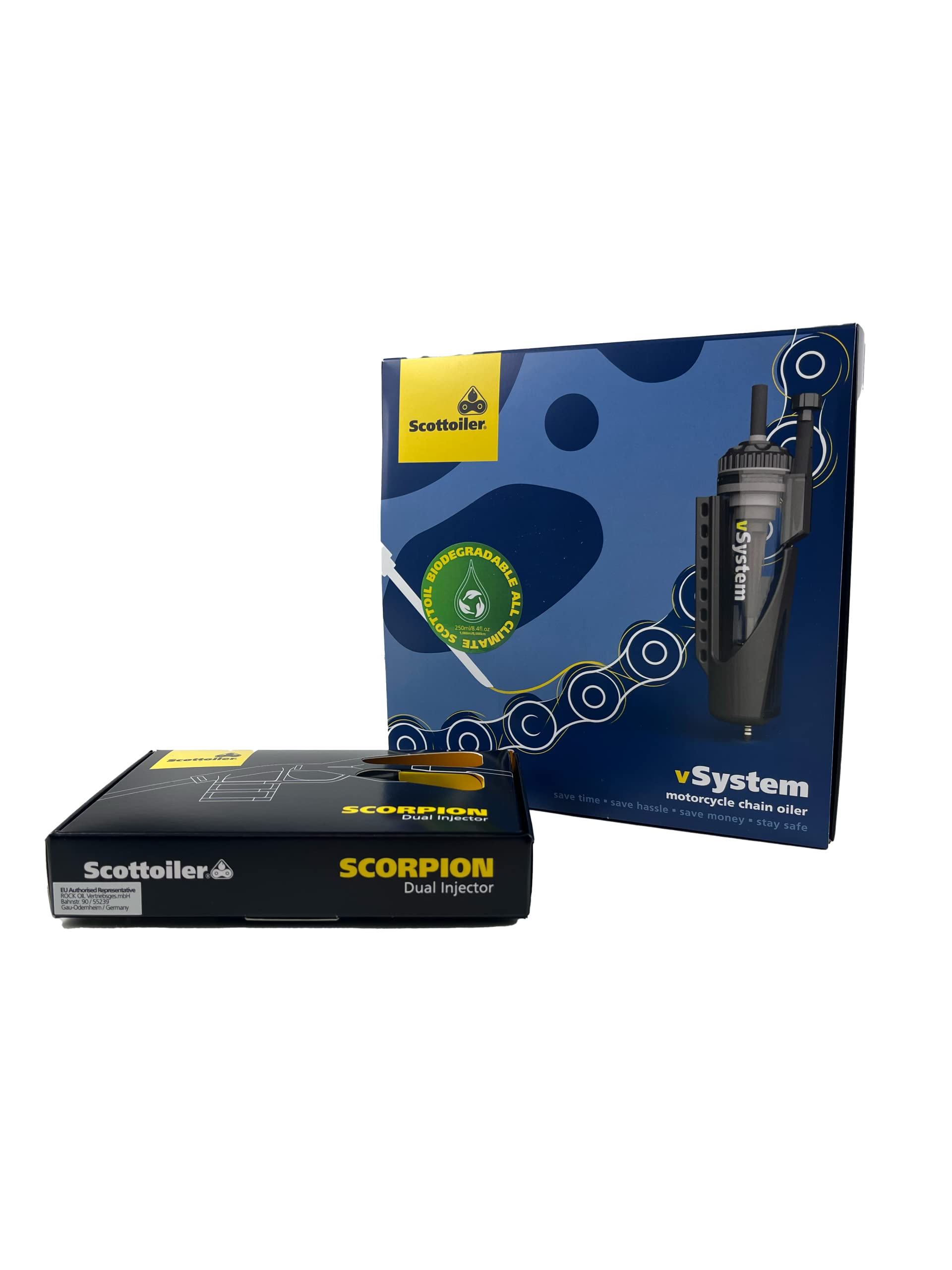 Scottoiler vSystem Sistema Automático de Lubricación de Cadena de Motocicleta con Scottoil Verde Biodegradable e Inyector Dual Scorpion - Bundle Aplicador de Alimentación Dual…