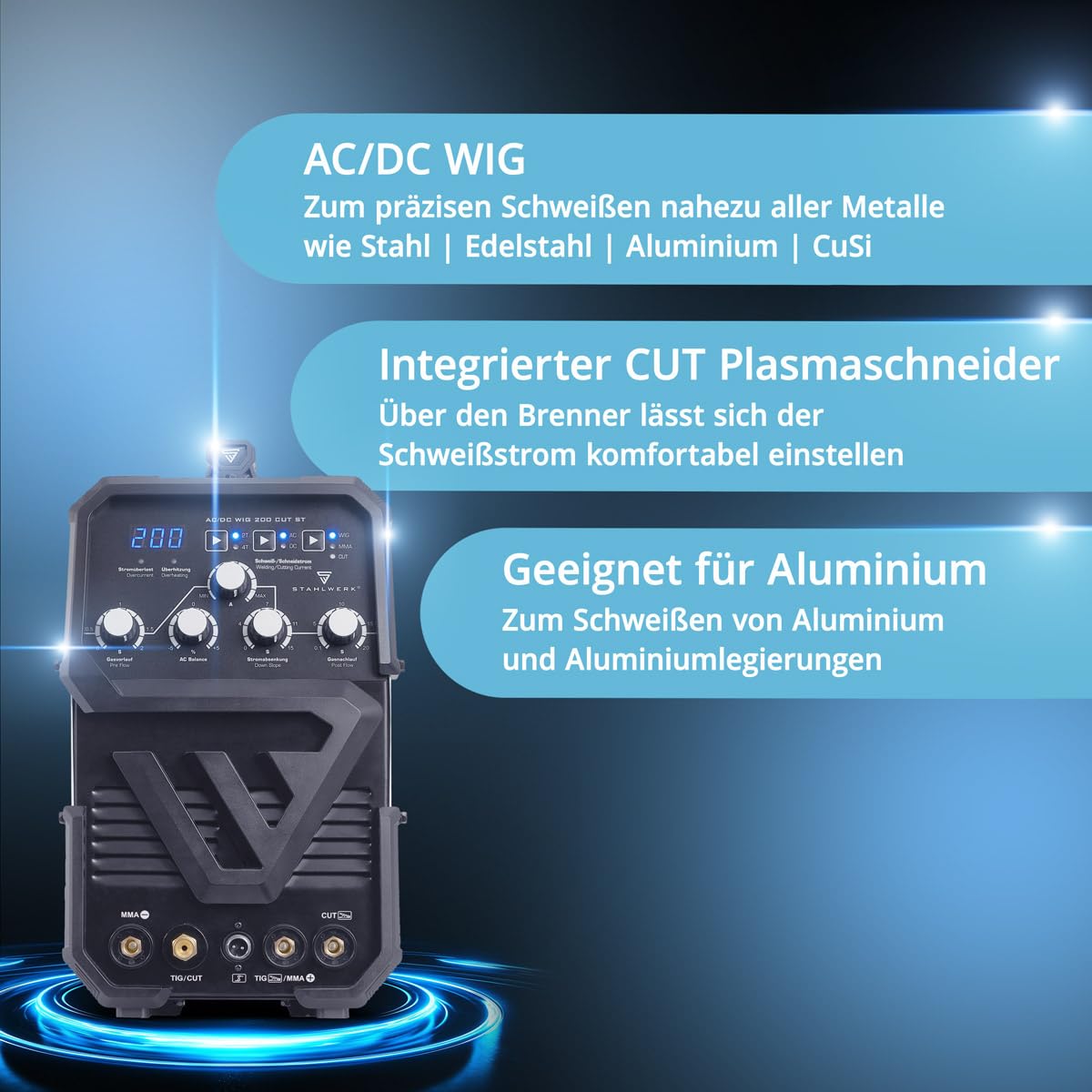 STAHLWERK Schutzgasschweißgerät 3-in-1 Kombi AC/DC WIG 200 CUT ST - WIG & MMA bis 200 A, Plasmaschneiden bis 45 A und bis 12 mm Schnittstärke, HF-Zündung, Edelstahl, Kupfer, Aluminium, Titan