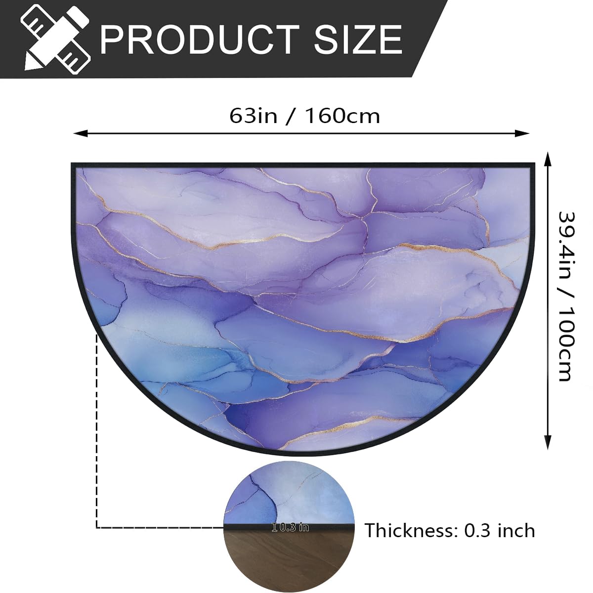 Mexpekil Paillasson demi-rond en forme de marbre avec demi-lune pour intérieur et extérieur - Lavable - Absorbant - Attrape la saleté - 100 x 160 cm