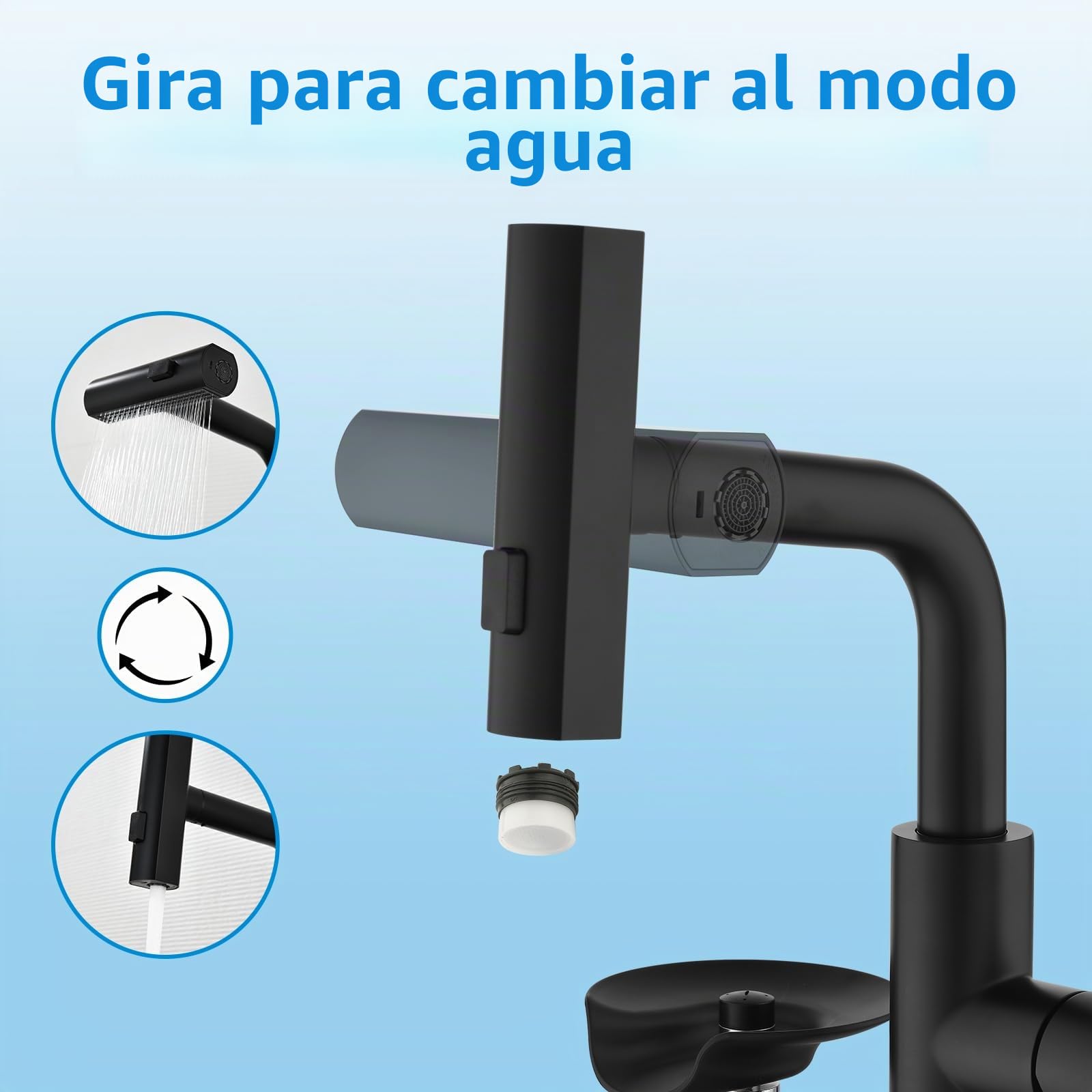 Grifo Cocina Extraible Negro Lavatazas 3 Modos,Torneira Cozinha Preta | Grifos Cocina Fregadero Monomando con Mynaiad Lavatazas, 3 Chorros, Giro 360°, acero 304 Cepillado Cocina Bar Baño
