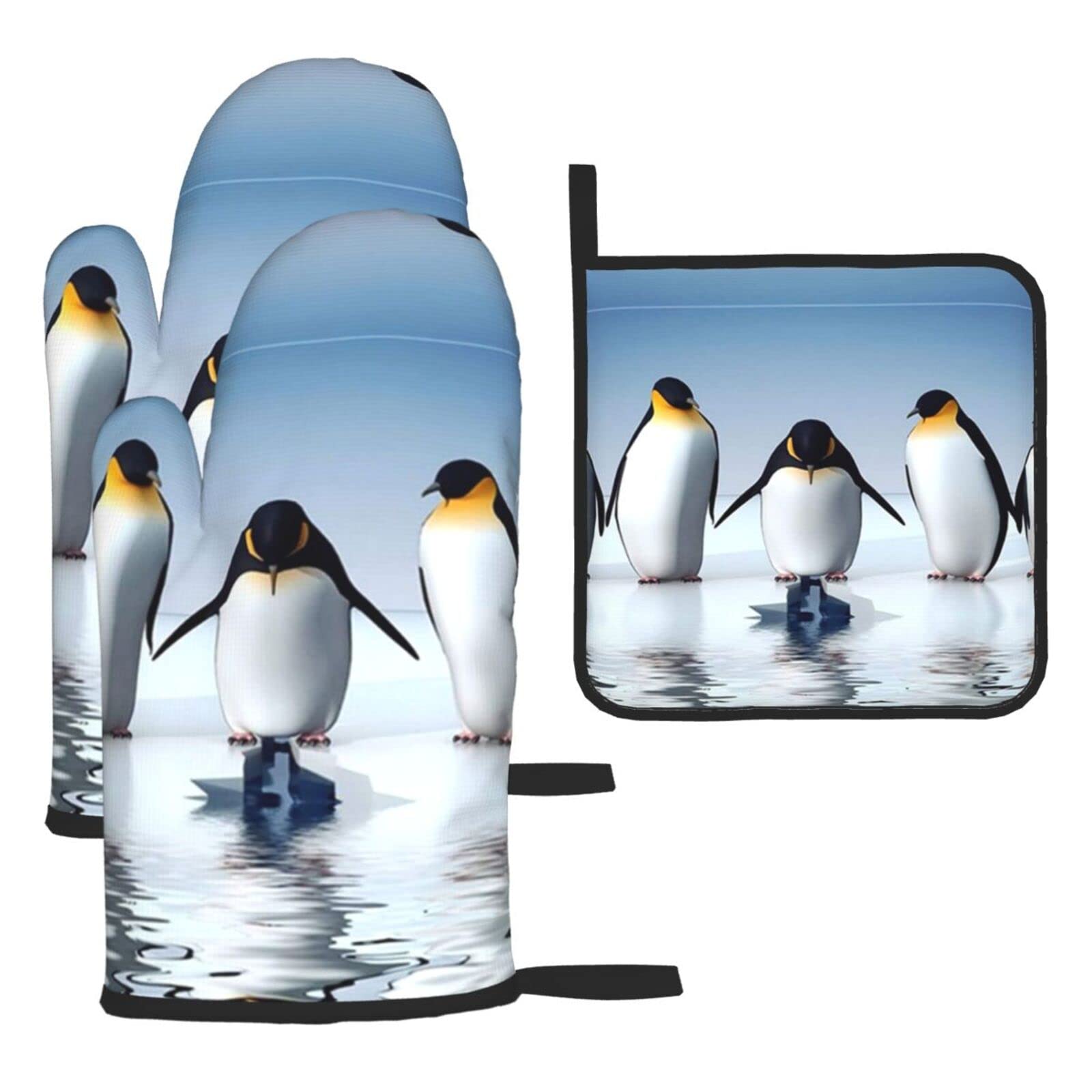Penguin Oven Mitts and Pot Holder Kitchen Set for Grilling, Cooking, Baking, Heat Resistant