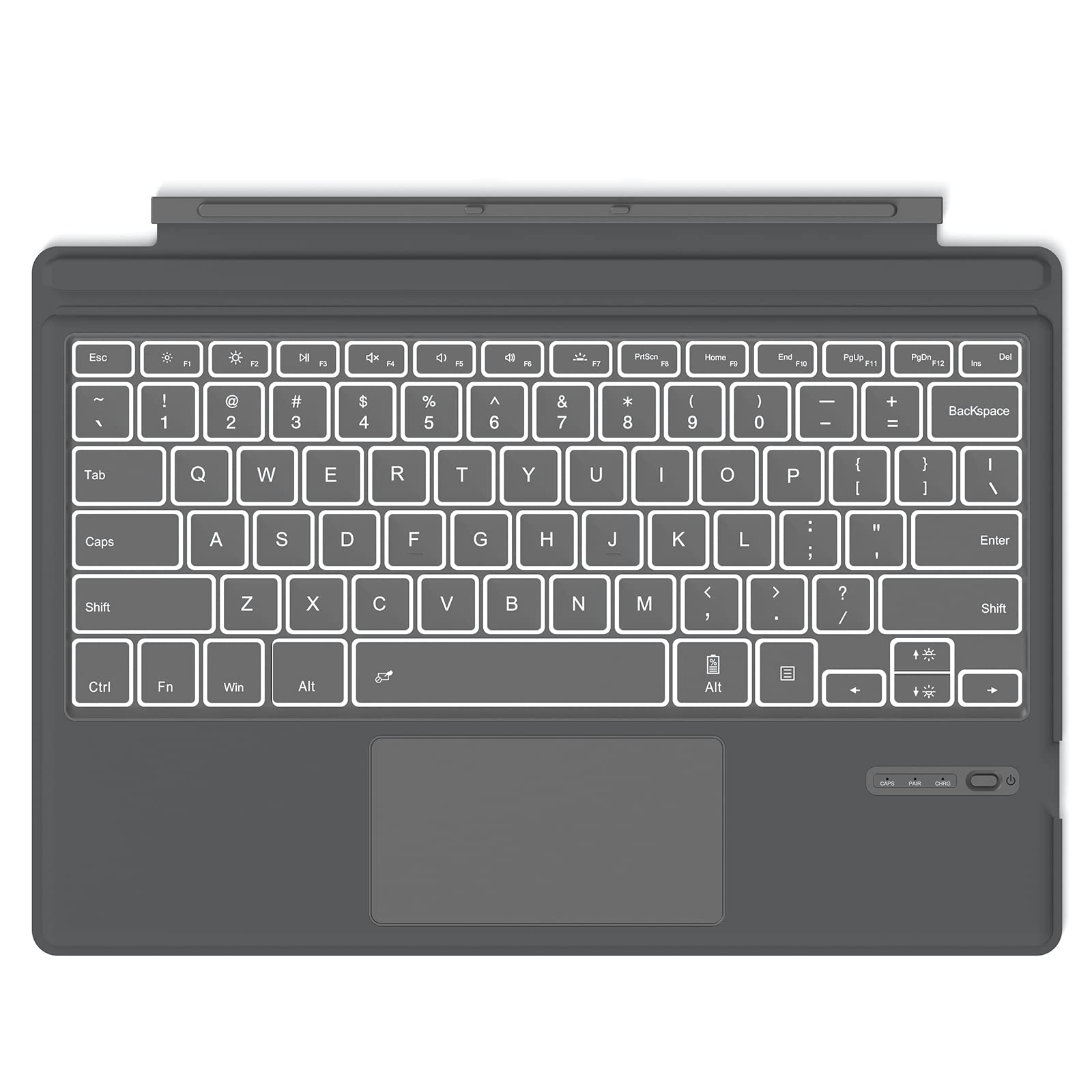 GreenLaw Surface Pro Keyboard attached to a Surface Pro tablet, showcasing its sleek design and backlit keys.