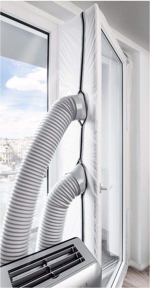 SHE03AIRSTPVT Fensterabdichtung für mobile Klimageräte und Ablufttrockner, Hot Air Stop mit Reißverschluss, Für Balkontür geeignet, Weiß