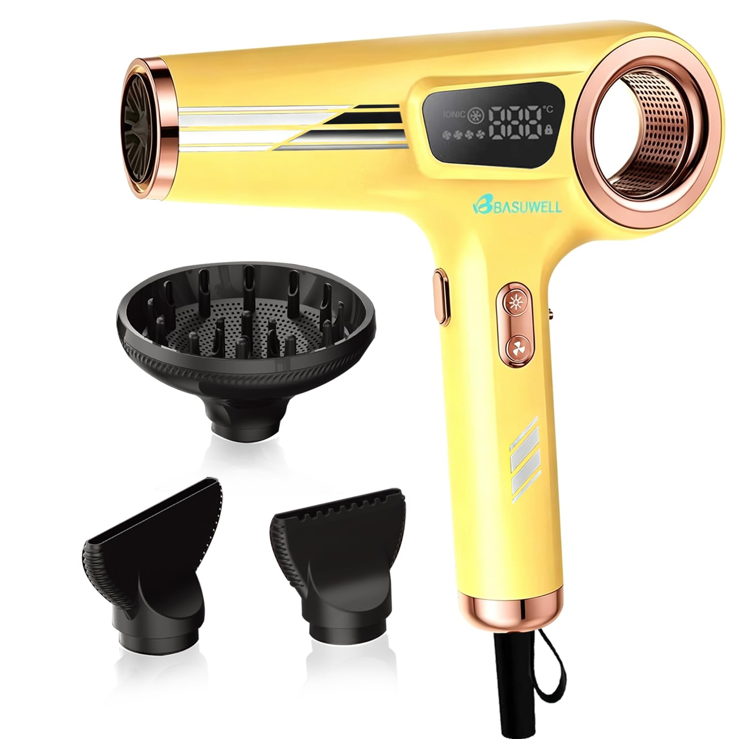 Sèche Cheveux Ionique 110 000 tr/min, Moteur Sans Balais, Séchage Rapide, Faible Bruit, Poids Léger, Affichage LED, Sèche-Cheveux avec 3 Buses Magnétiques, Pour Maison et Salon (Jaune)