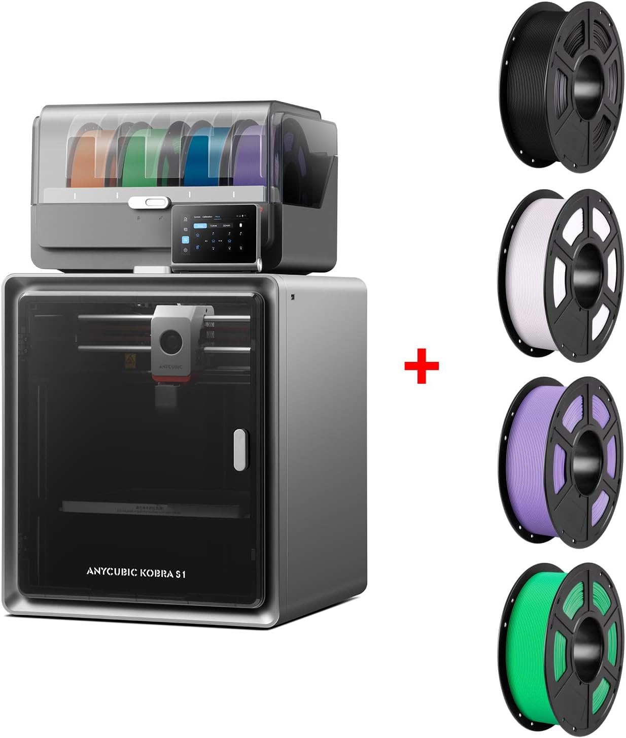 (PLA 4KG Bundle) Anycubic Kobra S1 Combo 3D Printer, Multi-Color 3D Printer High Speed Max 600mm/s High Precision Bundle ANYCUBIC PLA Filament 1.75mm, 4kg, Black+White+Purple+Green