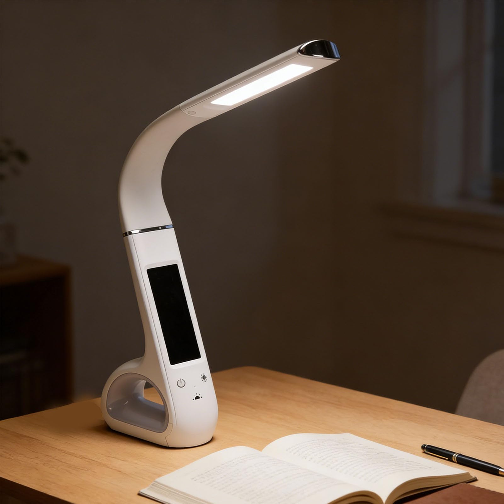 Asixxsix Lampada da Scrivania a LED, 3 modalità di Temperatura Colore Lampada da Lettura Regolabile Dimmerabile per la Cura degli Occhi con Schermo LCD VA Display Ora e Data (WHITE)