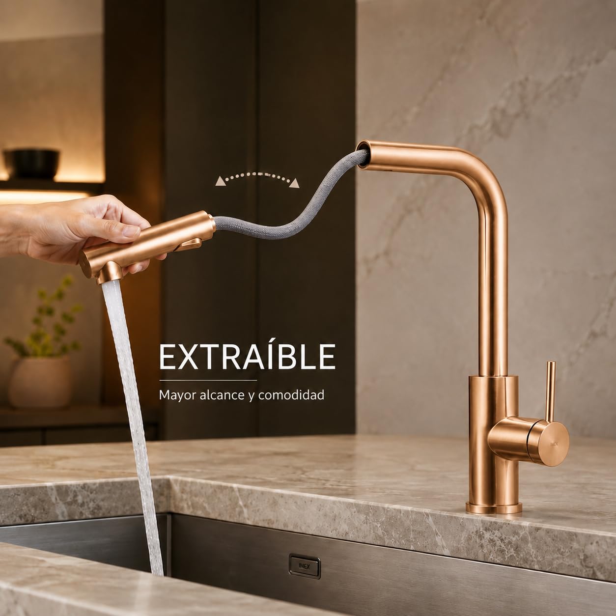 Grifo Cocina Extraíble con Doble Función | Grifo Fregadero Cocina Monomando Flexible y Giro 360° | Grifería Cocina IMEX Oporto (Oro rosa cepillado)