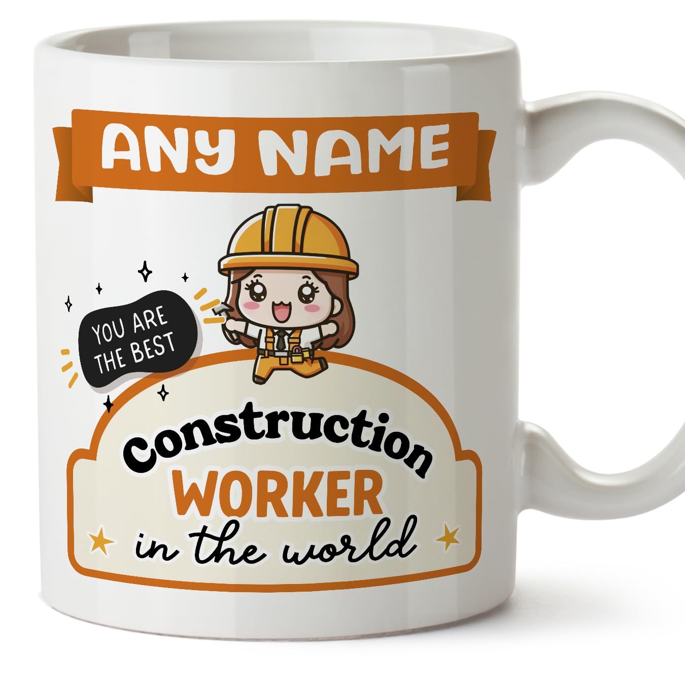 MUGFFINS Personalised Mug for Construction Worker Woman - in English - Best in The World - Kawaii - Funny Custom Gift for Colleagues - Ceramic 11oz Mug