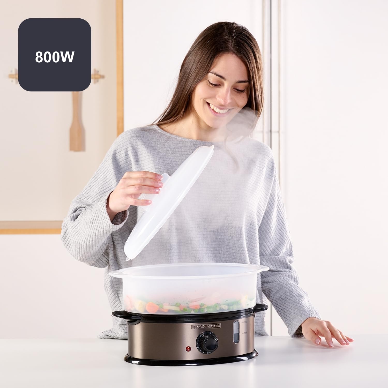 BLACK+DECKER BXST800E - Cuiseur Vapeur 800W | Capacité 6,5L (6-7 Portions) | Réservoir Eau 1L avec Indicateur | 2 Plateaux Empilables + Bol à Riz | Minuterie 60 min | Sans BPA | Lavable Lave-Vaisselle