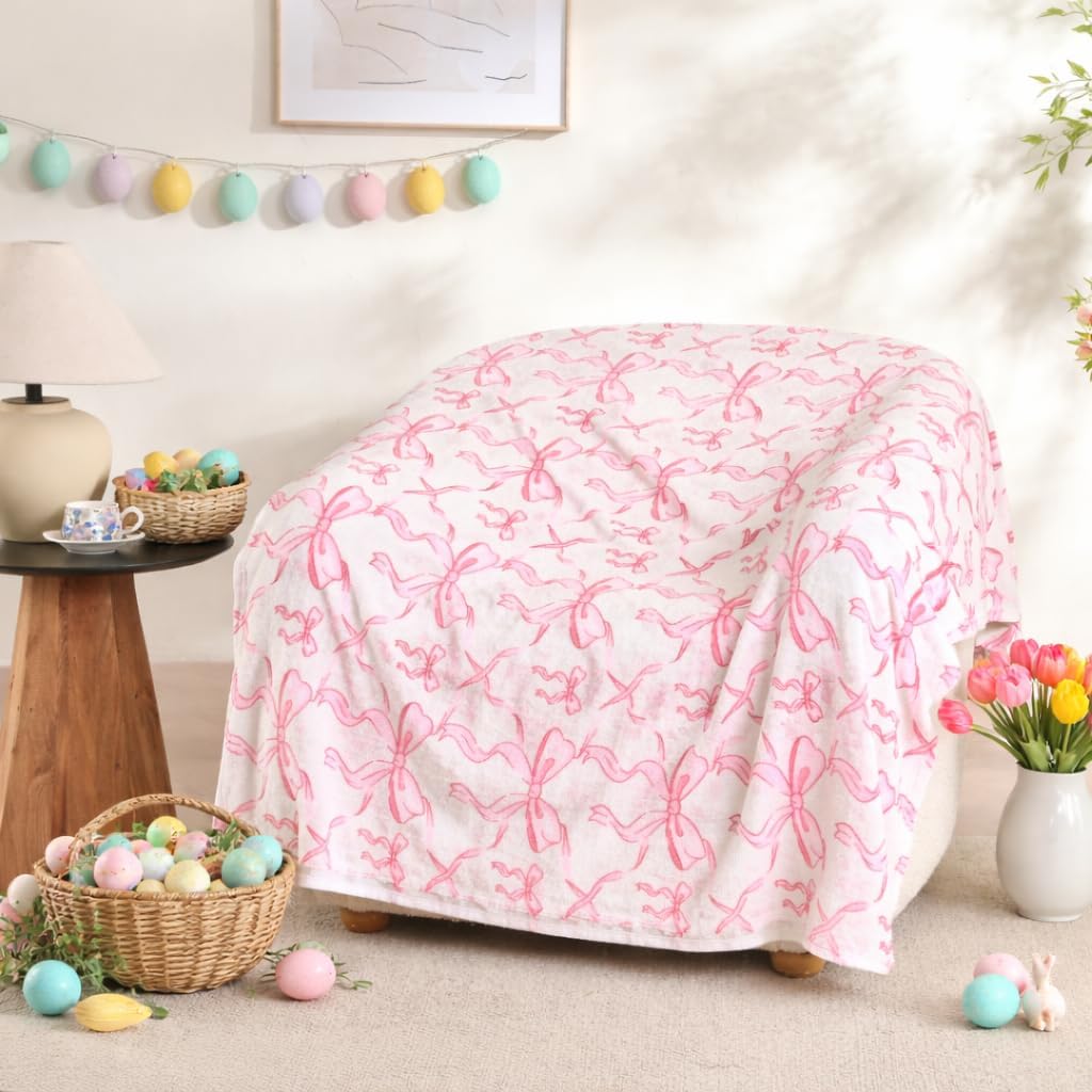 Pink Bow Throw Blanket –Easter Soft Fleece Blanket for Girls and Women, Coquette Aesthetic Room Decor for Bed, Couch, Chair, Preppy Bedroom or Gift, Cute Pink Bow Decor Blanket