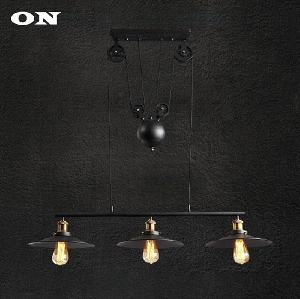 Lámpara Colgante Industrial Vintage, lámpara Colgante Retro con polea Ajustable para Subir y Bajar, candelabro Antiguo de Metal Negro con Forma de tubería de Agua.