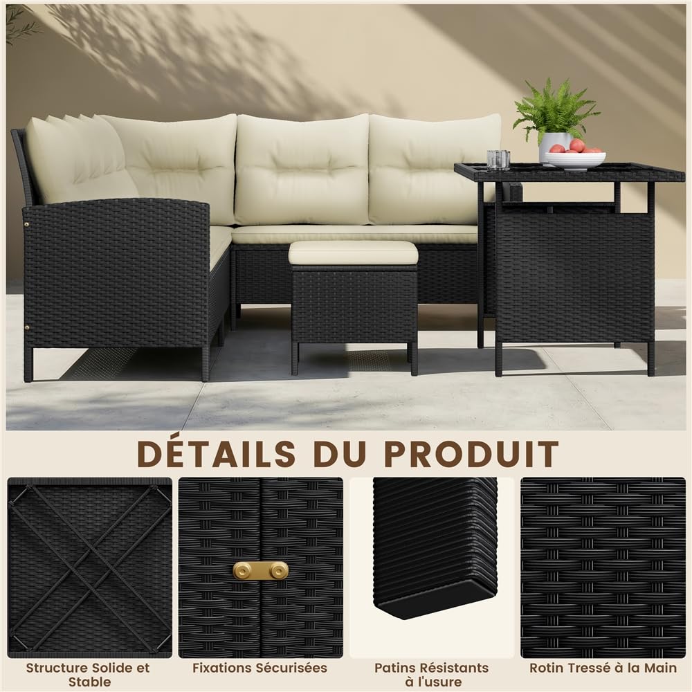 Yaheetech Ensemble Salon de Jardin en polyrotin Lot de Mobilier 4 Pièces Canapés Extérieur avec Table et Ottomans Meubles pour Balcon Terrasse Véranda Salon Noir/Beige