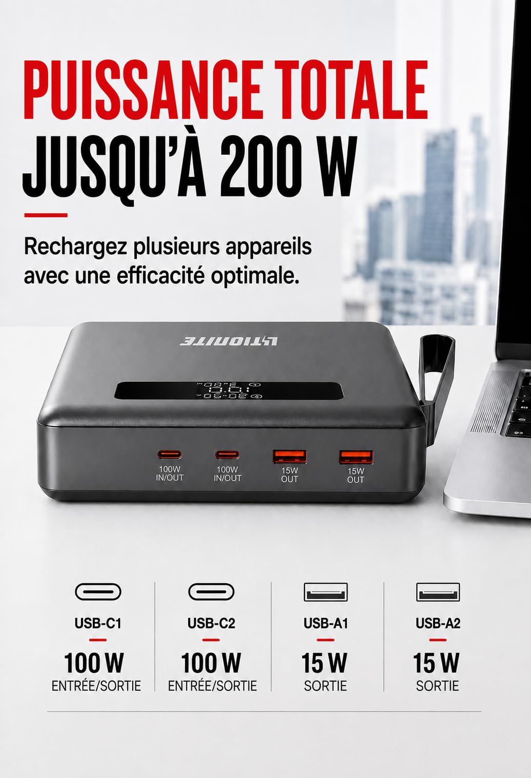 LITIONITE Falcon Batterie Externe 62000mAh avec Écran LCD, 200W pour PC Portable et MacBook, 2 Ports USB-C 100W PD 3.0, Batterie LiFePO4 3000 Cycles, Design Plat