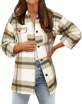 BTFBM Women's Long Sleeve Button Down Jackets Plaid Flannel Shirts Tops Casual Lapel V Neck Oversized Shackets Blouses Top