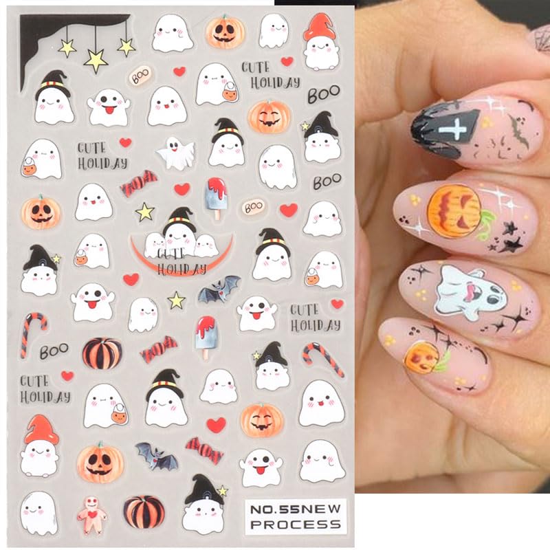 Miniatura 5 de 6 hojas de calcomanías de Halloween para decoración de uñas de calabaza, calcomanías 3D autoadhesivas para uñas de Halloween con diseño de telaraña