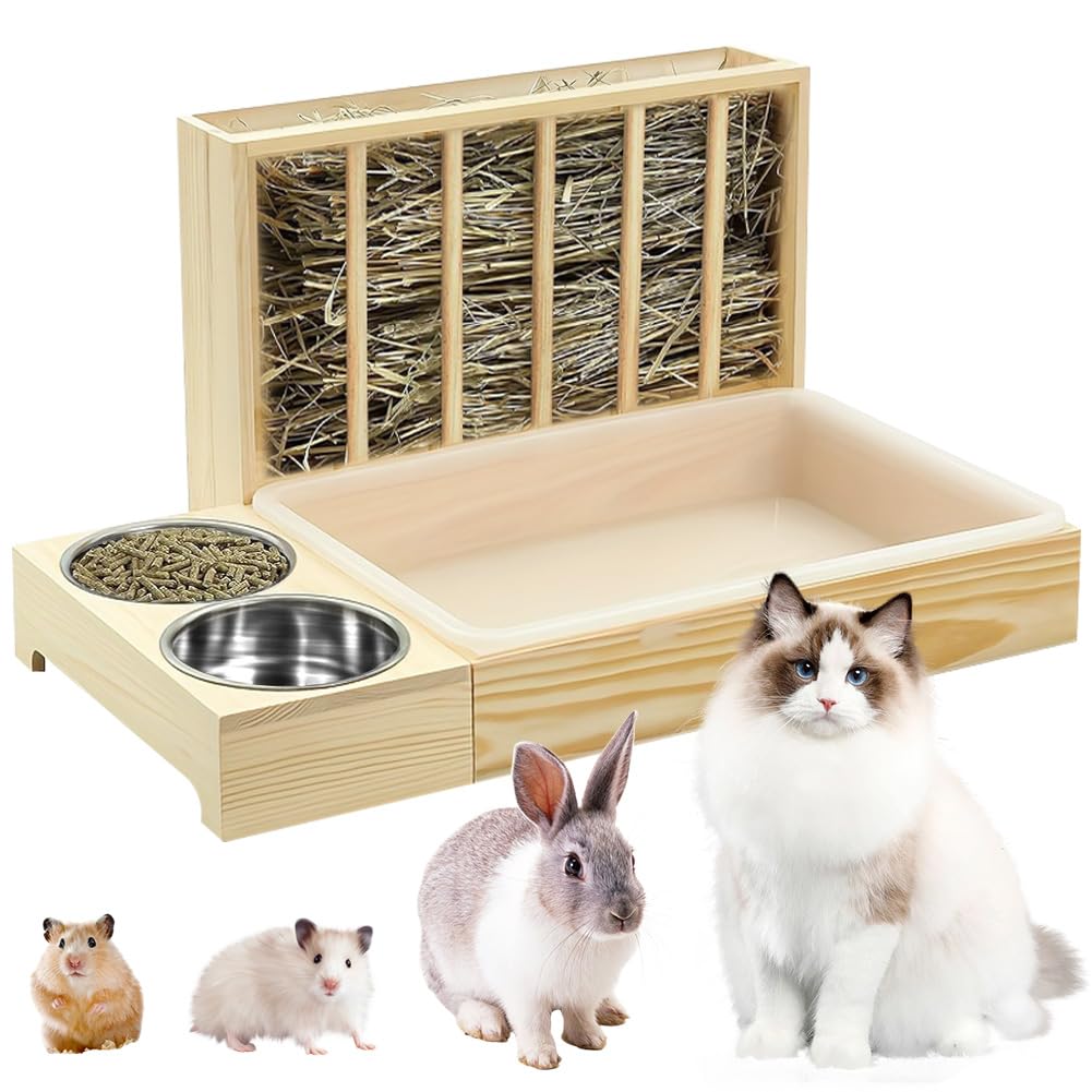 3 in 1 Wooden Hay Holder with Tray and Bowls,Rabbit Hay Feeder