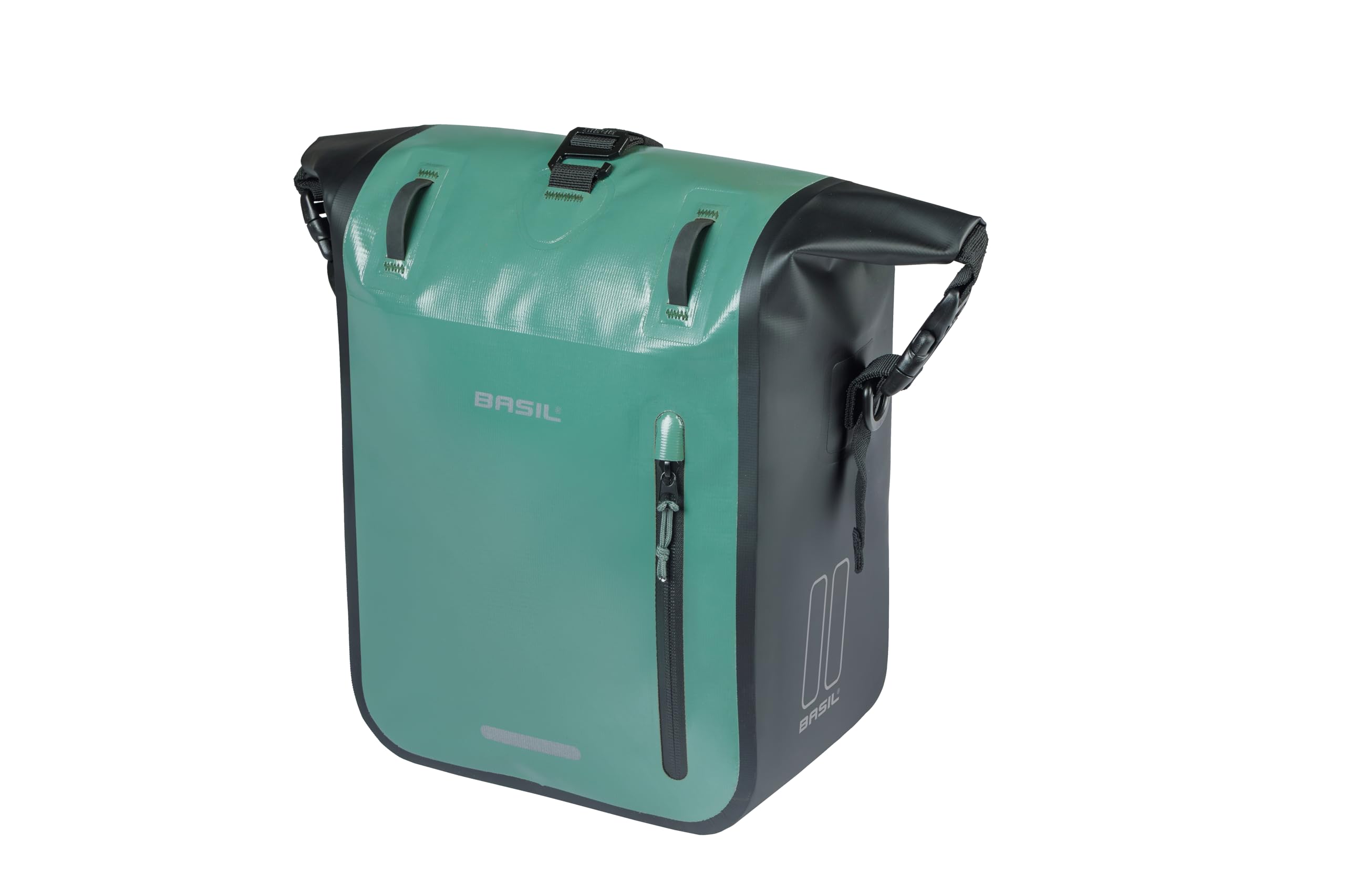 Basil Rivo Einzelne Fahrradtasche Gepäckträger – Wasserdicht 12-15L – Reflektierend – aus Tarpaulin – Mit MIK Hooks – 25X14X38 cm – Grün Sport & Freizeit