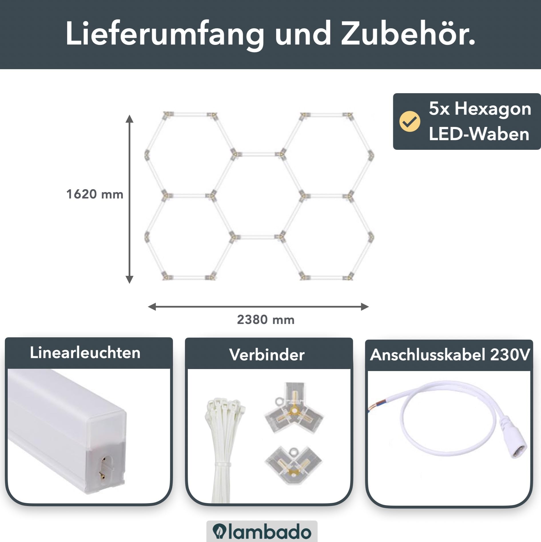 lambado® Hexagon LED Deckenleuchte Garagenlampe 5er Set | Farbtemperatur 6500K Weiß | für Werkstatt Garage Fitnessstudio Barber Shop Salon Showroom