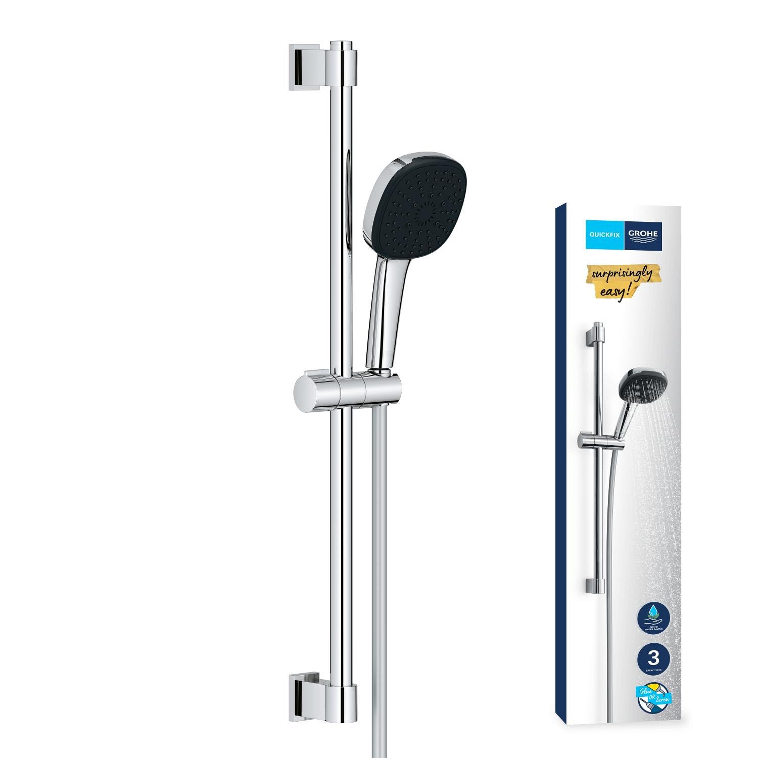 GROHE Vitalio Comfort 110 Set Saliscendi Doccia (3 getti Rain Jet Massage, asta 600 mm, flessibile 1,75 m, SpeedClean anticalcare), Cromo, 26096001