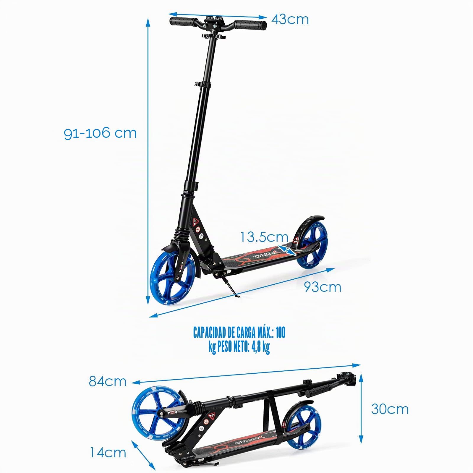 GYMAX Patinete con Luces LED, Monopatín Plegable con Manillar en T Ajustable en 3 Alturas, Sistema de Amortiguación, Patinete Infantil y Partir de 8 Años