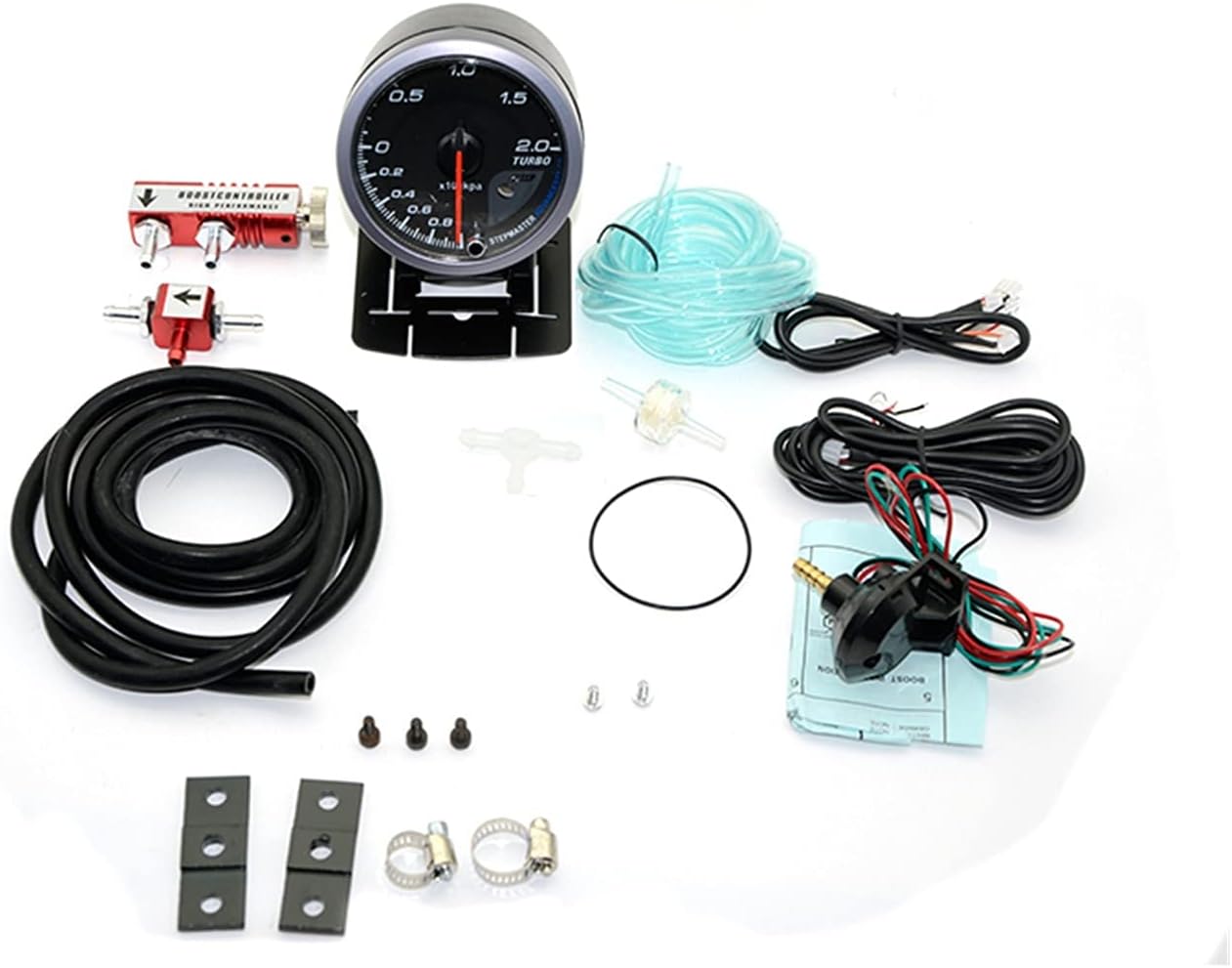 60MM Car Turbo Boost Gauge 2BAR + Adjustable Turbo Boost Controller Kit 1-30 PSI Car Meter (Color : with Red Controller)