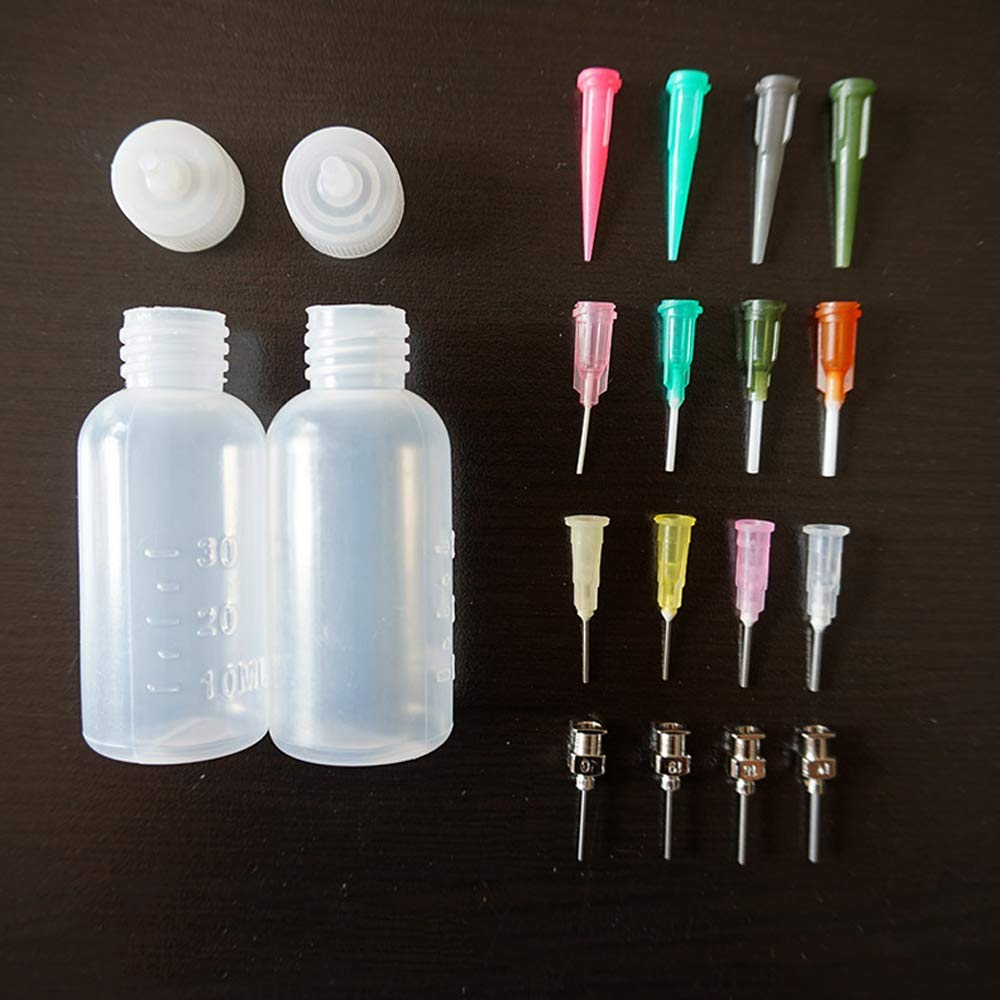 CAILI Bouteille en plastique de tatouage,Tip Precision Applicateur Set bouteilles Contient 2 bouteilles applicateurs vides avec 16 aiguilles Conseils