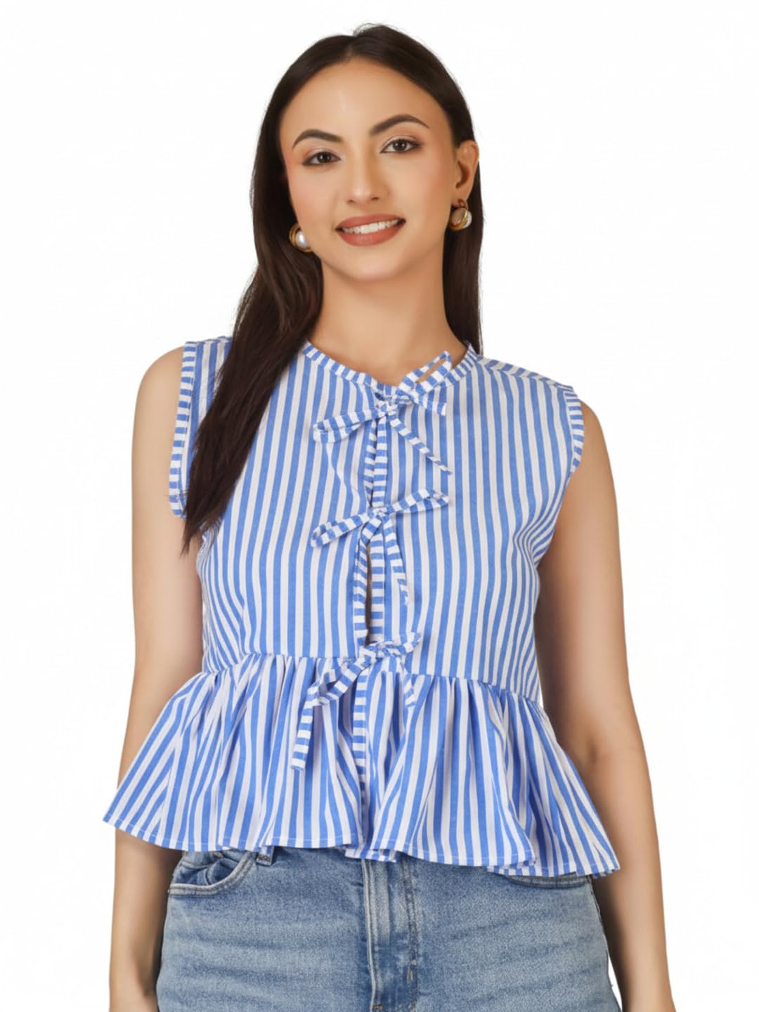 Cotton Women Crop Top with Blue White Stripes Tie Up Front Sleeveless Design-picture-26