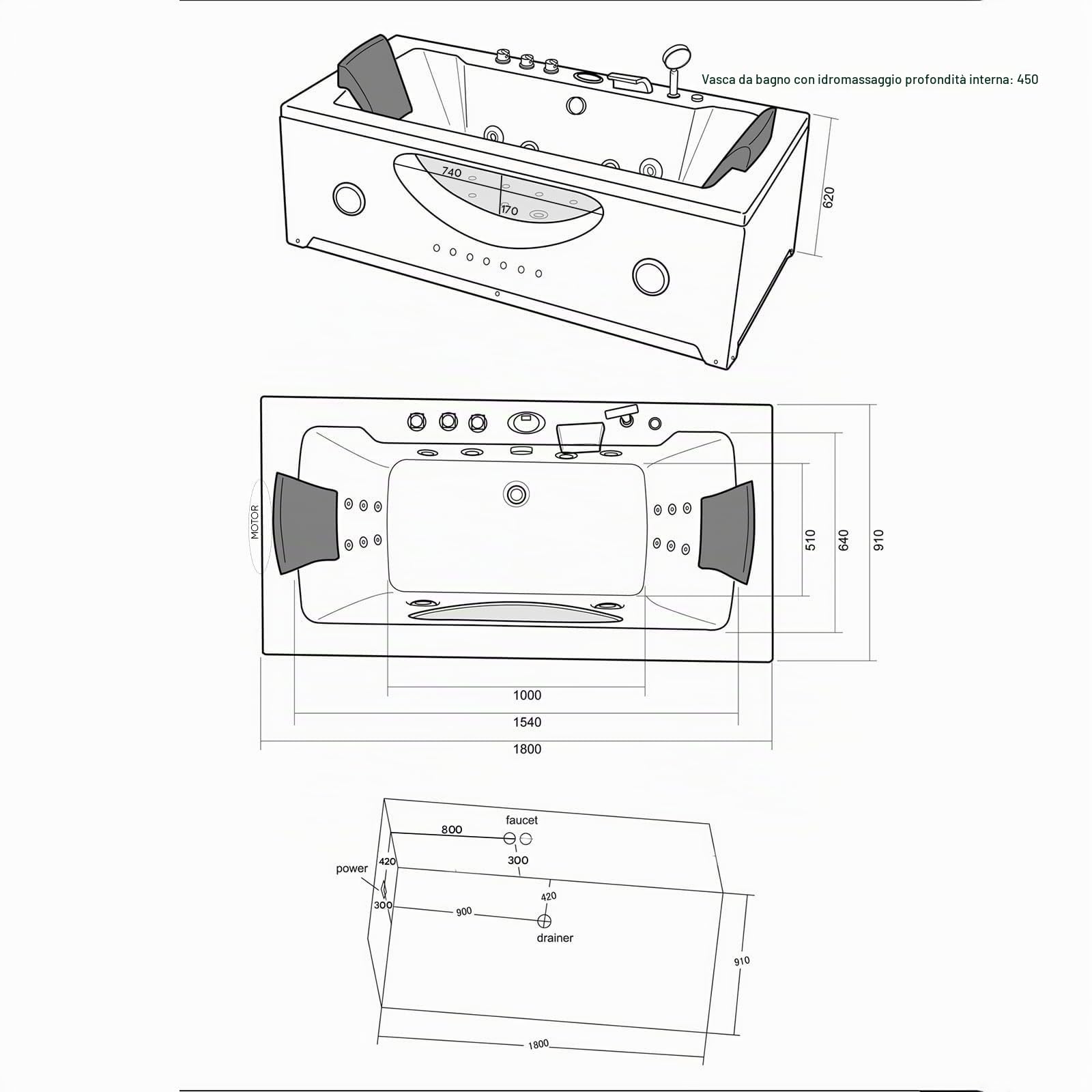 VASCA BAGNO IDROMASSAGGIO Hypnotic CROMOTERAPIA 180 x 90 cm SPA 2 PERSONE NUOVA