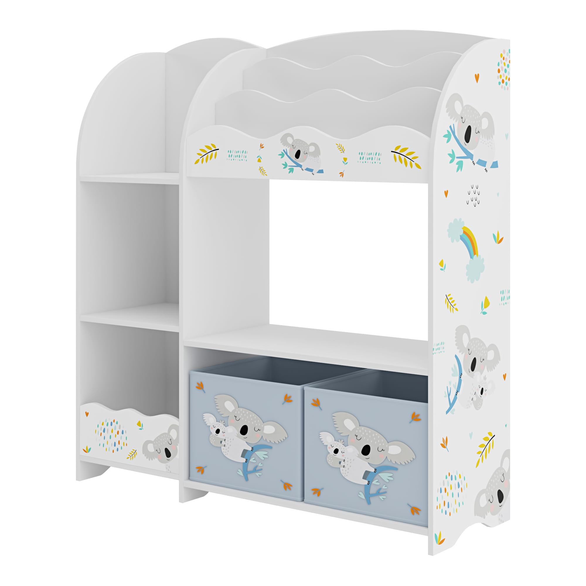 [en.casa] Étagère Enfant avec Compartiments de Rangement Ouverts et 2 Boîtes Meuble de Stockage avec Motif Koala Panneau de Particules Polyester 100 x 93 x 30 cm Blanc Gris