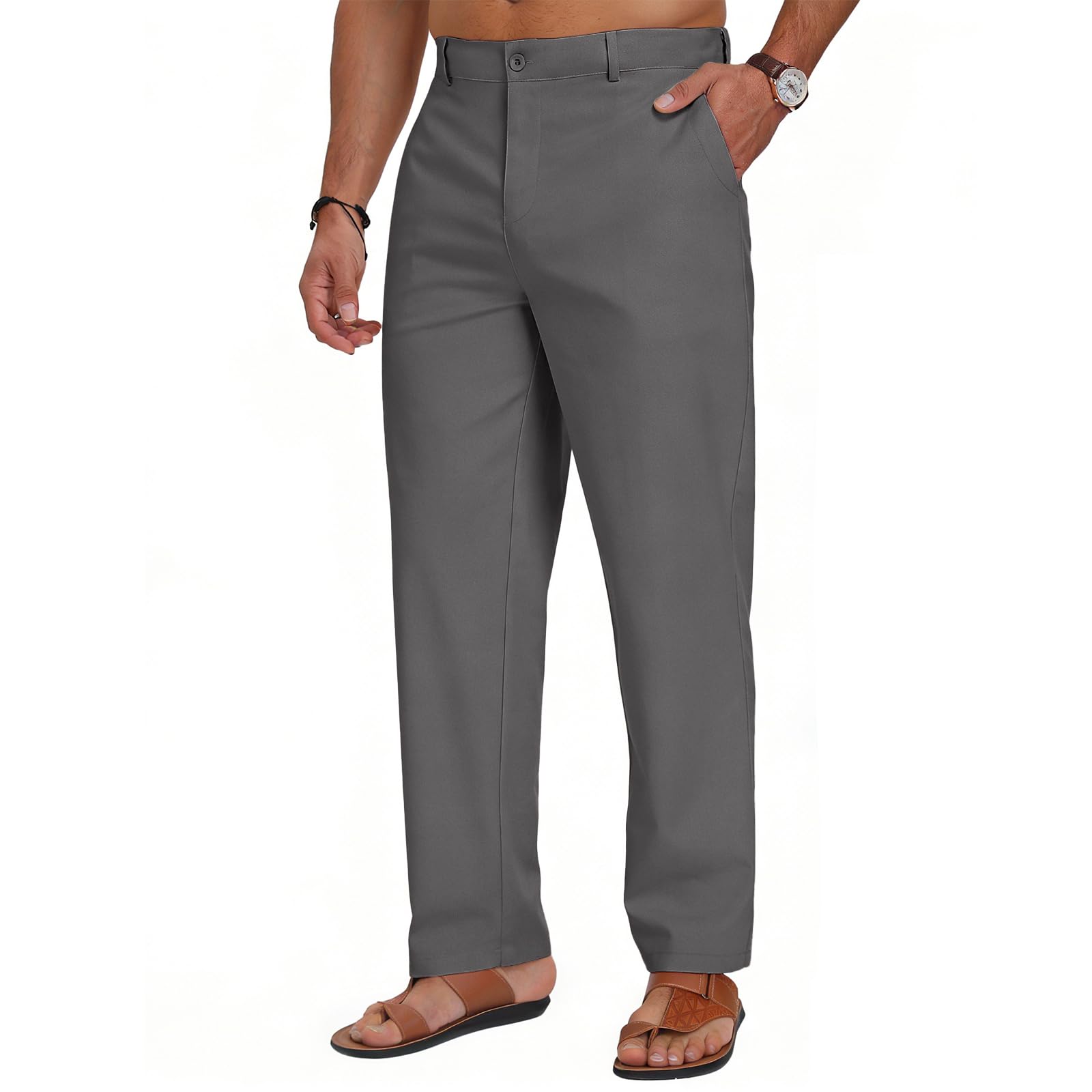 Puimentiua Herren Leinenhose Freizeithose Lang Anzughose leichte Sommerhose mit elastischem Bund und Kordelzug Reißverschluss atmungsaktiv für Urlaub Strand Alltag