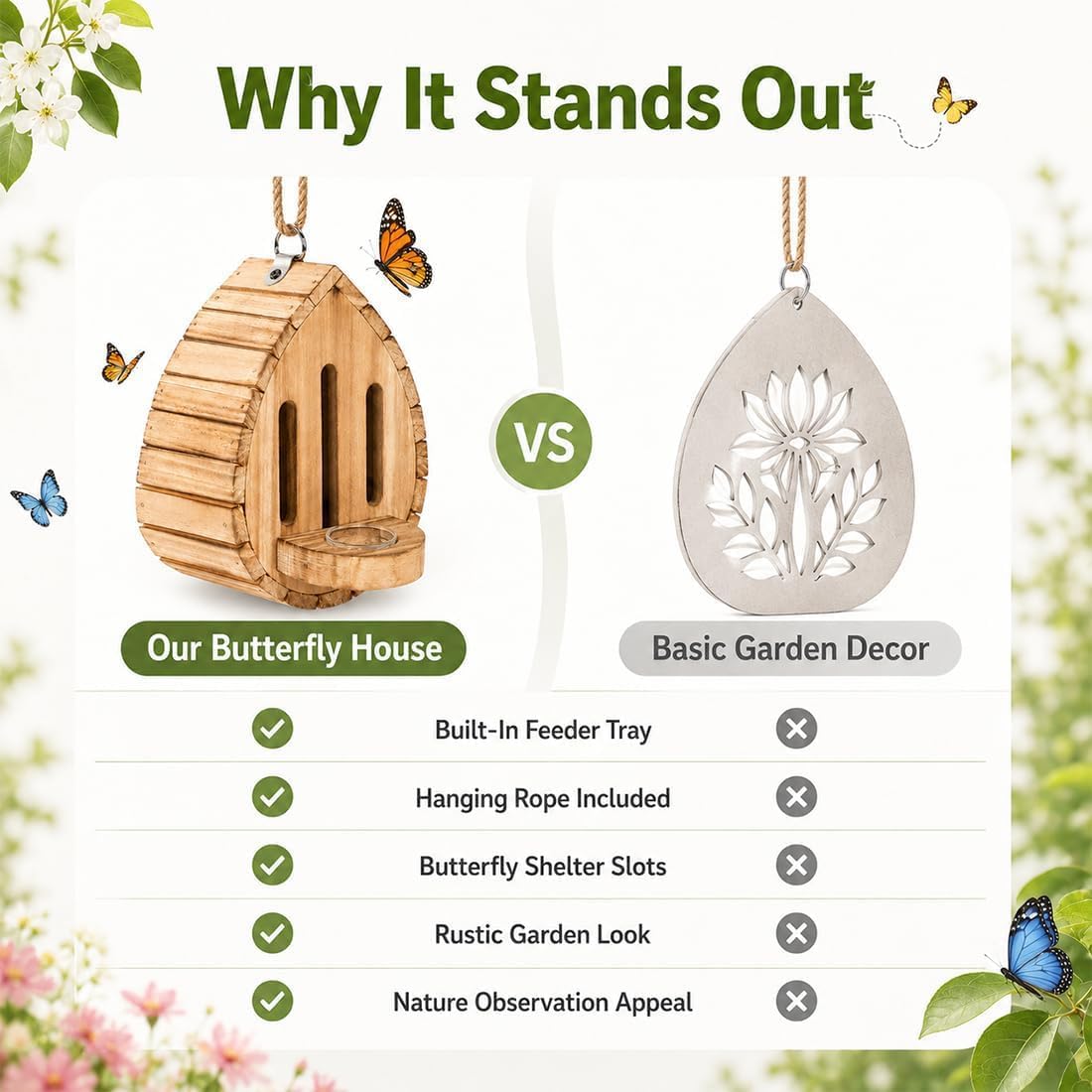 Schmetterlingshaus, Schmetterlingshotel aus Holz mit Seil & Futterstation, Bienenhotel Wetterfest, Wildbienen Nisthilfe, Insektenhotel für Bienen, Marienkäfer, Schmetterling Garten，2 Stück