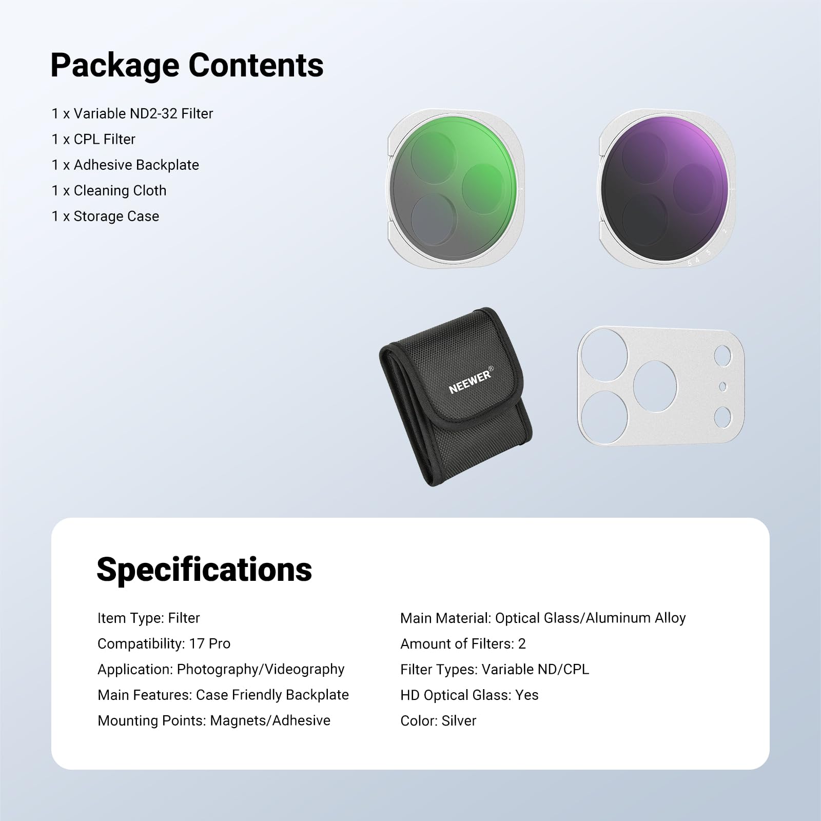 NEEWER Filtro ND Variabile + CPL Solo Compatibile con iPhone 17 Pro, Polarizzatore Circolare Regolabile e Densità Neutra (ND2-32) Magnetico, Accessori Fotografia con Backplate Adesiva, Argento, FH-15