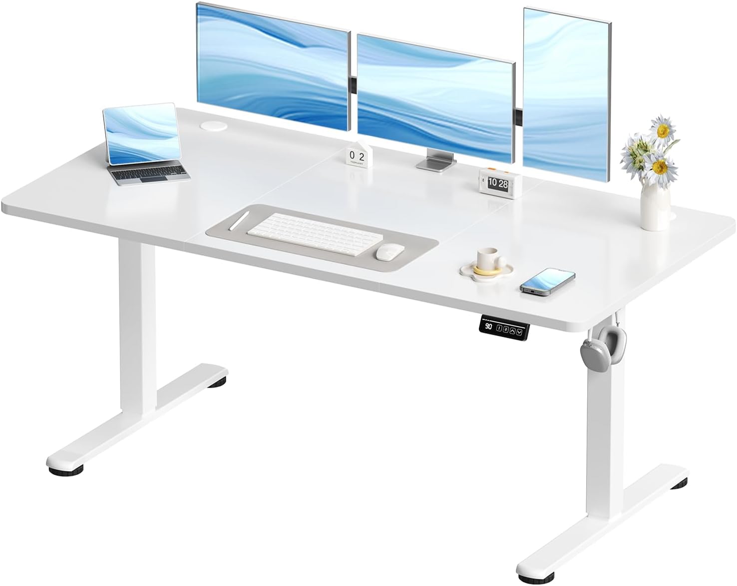 Devoko Electric Standing Desk 140x70cm Sit Stand Table Height Adjustable Desk with Backpack Hook and Memory Smart Pannel, Home Office Desk with Splice Board, White