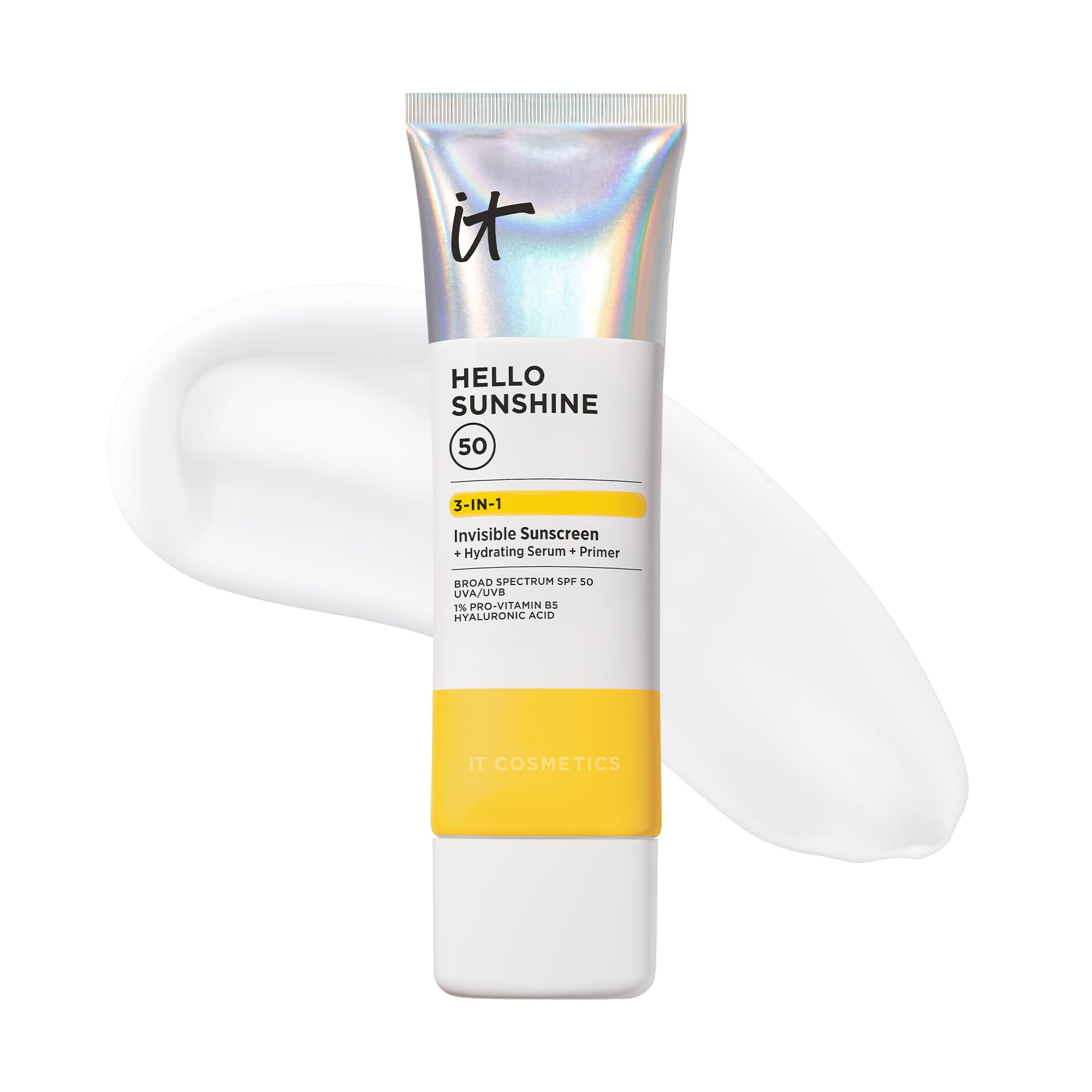 IT Cosmetics Hello Sunshine Invisible Sunscreen for Face SPF 50 - Sunscreen, Hydrating Serum & Makeup Primer - 1% Pro-Vitamin B5 & Hyaluronic Acid - HSA/FSA Eligible - No White Cast