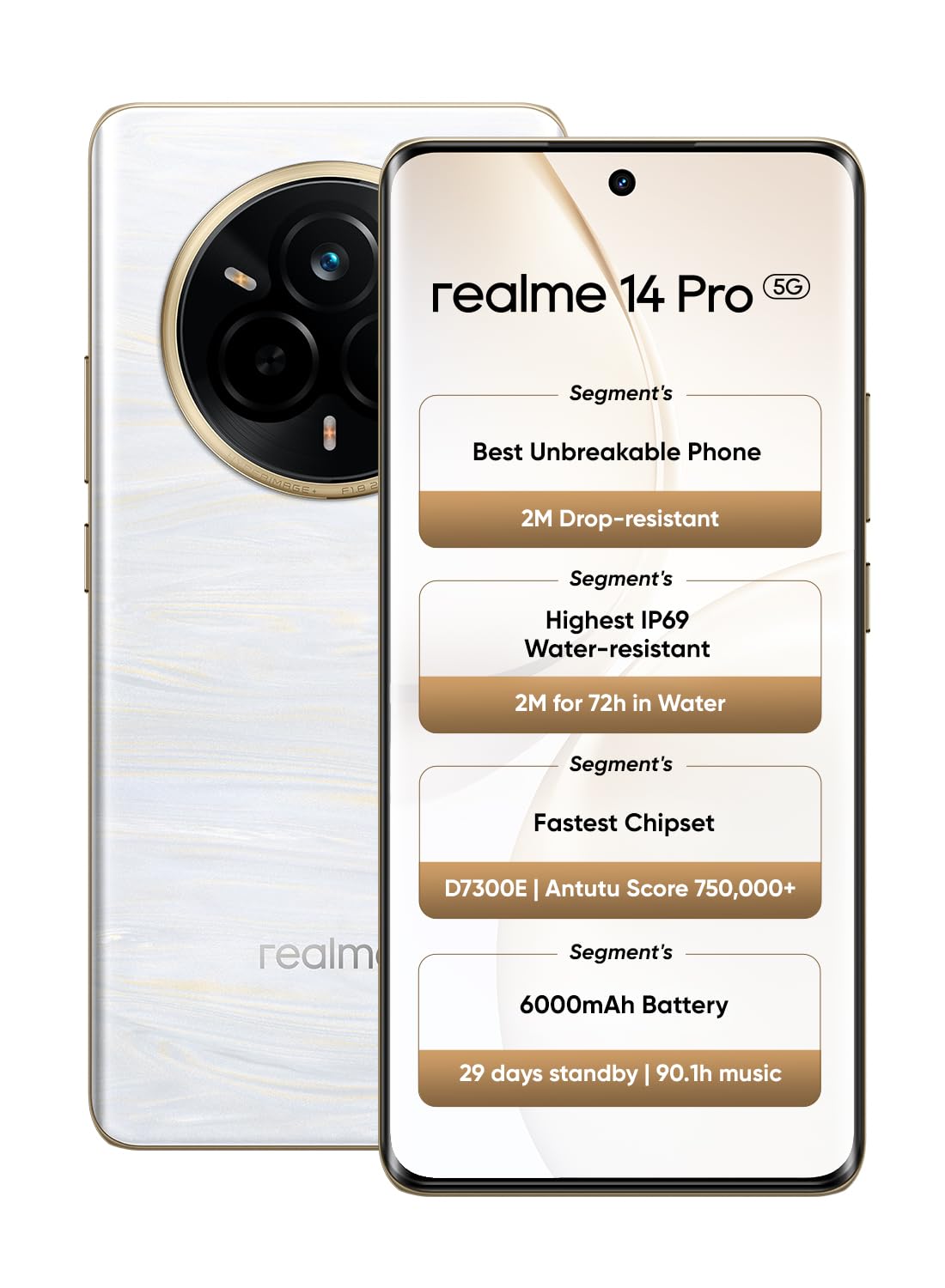 Realme 14 Pro 5G Smartphone | 12GB RAM 256GB ROM | 6.77" 120Hz OLED | 50MP OIS Camera | 6000mAh | Android 15 | IP69 Waterproof | Dual SIM | 12M Warranty | Middle East Version (Pearl White) (Renewed)