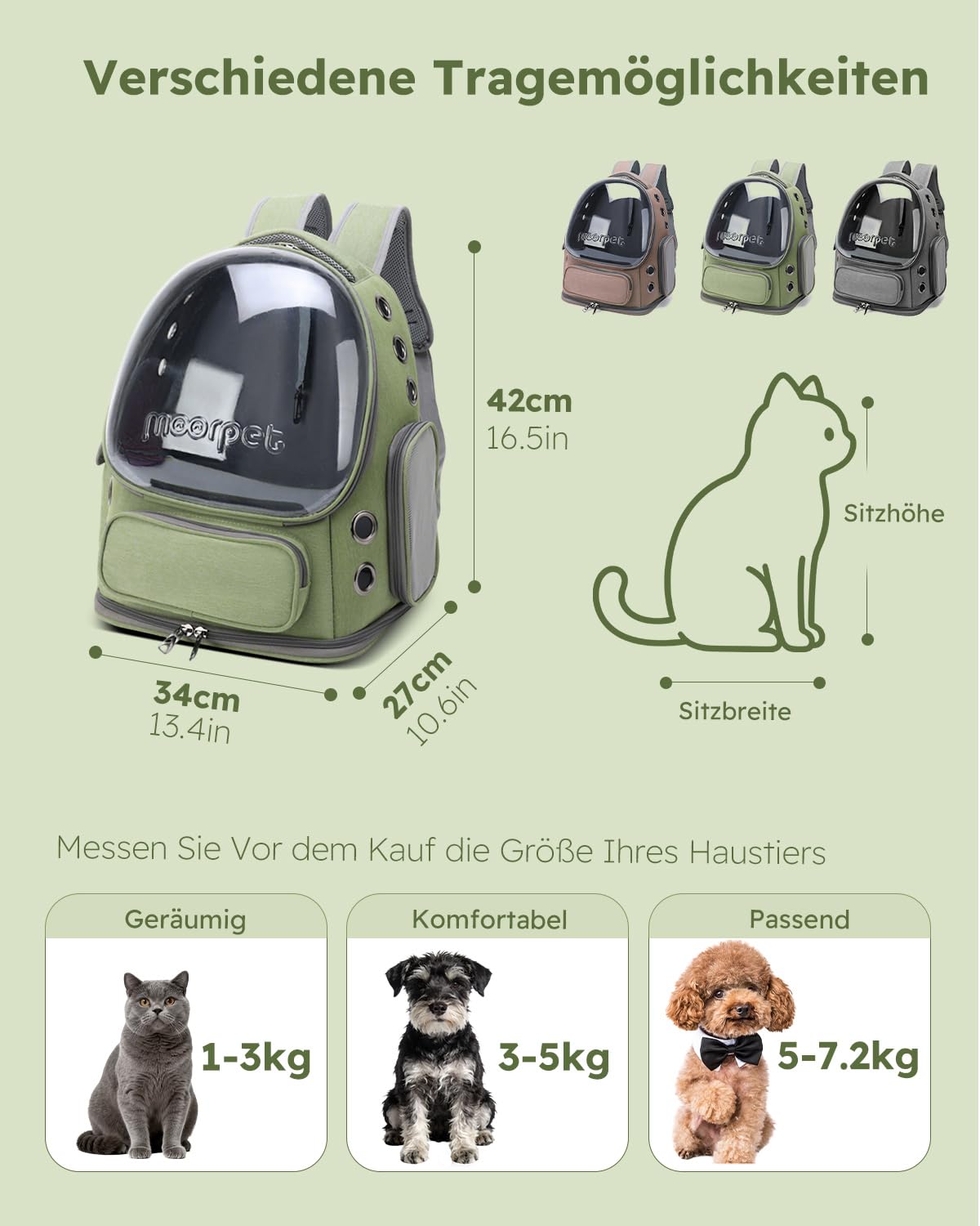 PETCUTE Katzenrucksack mit Fenster,Tragbar Raumkapsel Haustier Rucksack Belüften mit Herausnehmbarer Matte,Hunde Reise Rucksack Träger mit Sicherheitsleine,für Auto Wandern,Armeegrün