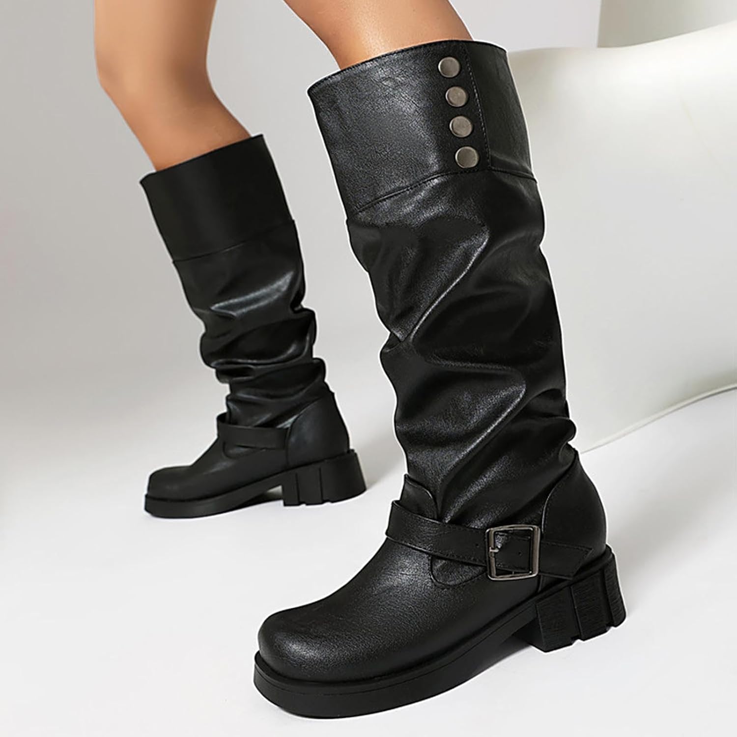 Women Winter Knee High Boots Round Toe Stitched Chunky Heel Low Heel Boots