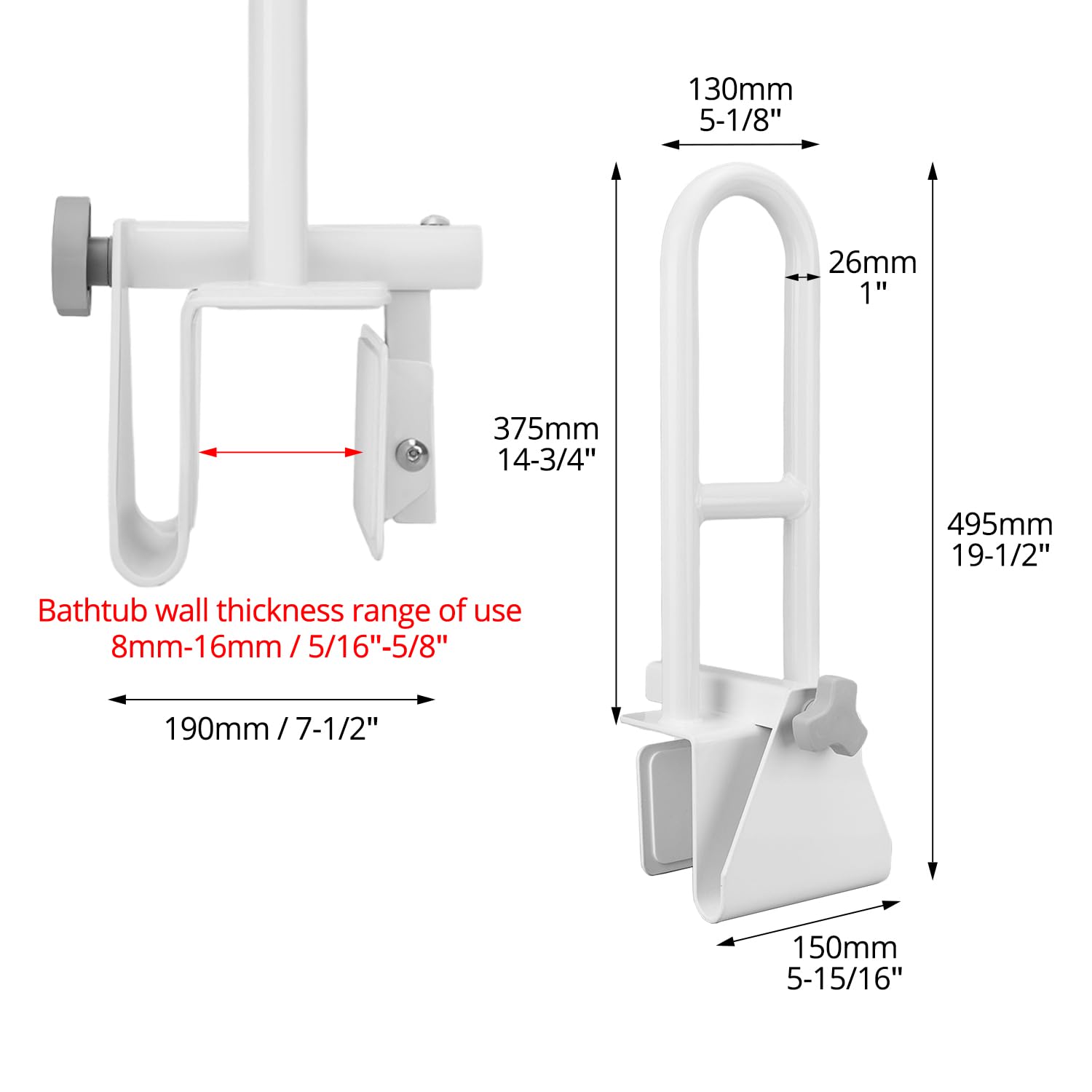 QWORK® corrimano per vasca da bagno, barre di sostegno per vasca, maniglione vasca da bagno, bianco 8-16 cm