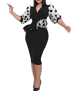 Sexyshine Women's V Neck Mesh Polka Dots Puff Sleeve Midi