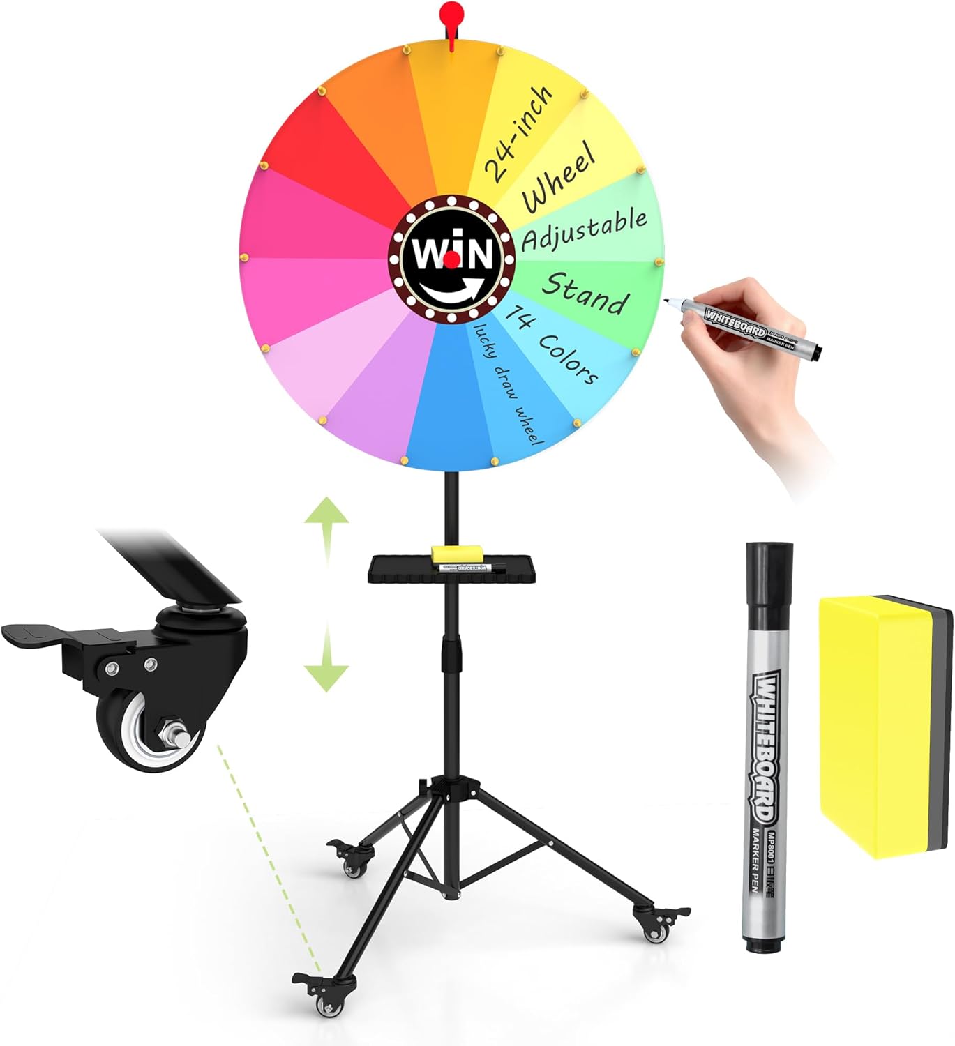24-Inch Prize Wheel with Lockable Wheels, Portable 14-Color Spinning Prize Wheel, Adjustable 33"-66" Height Spin Doodle Game Spinner with Folding Tripod Stand, Storable Spinning Wheel for Prizes