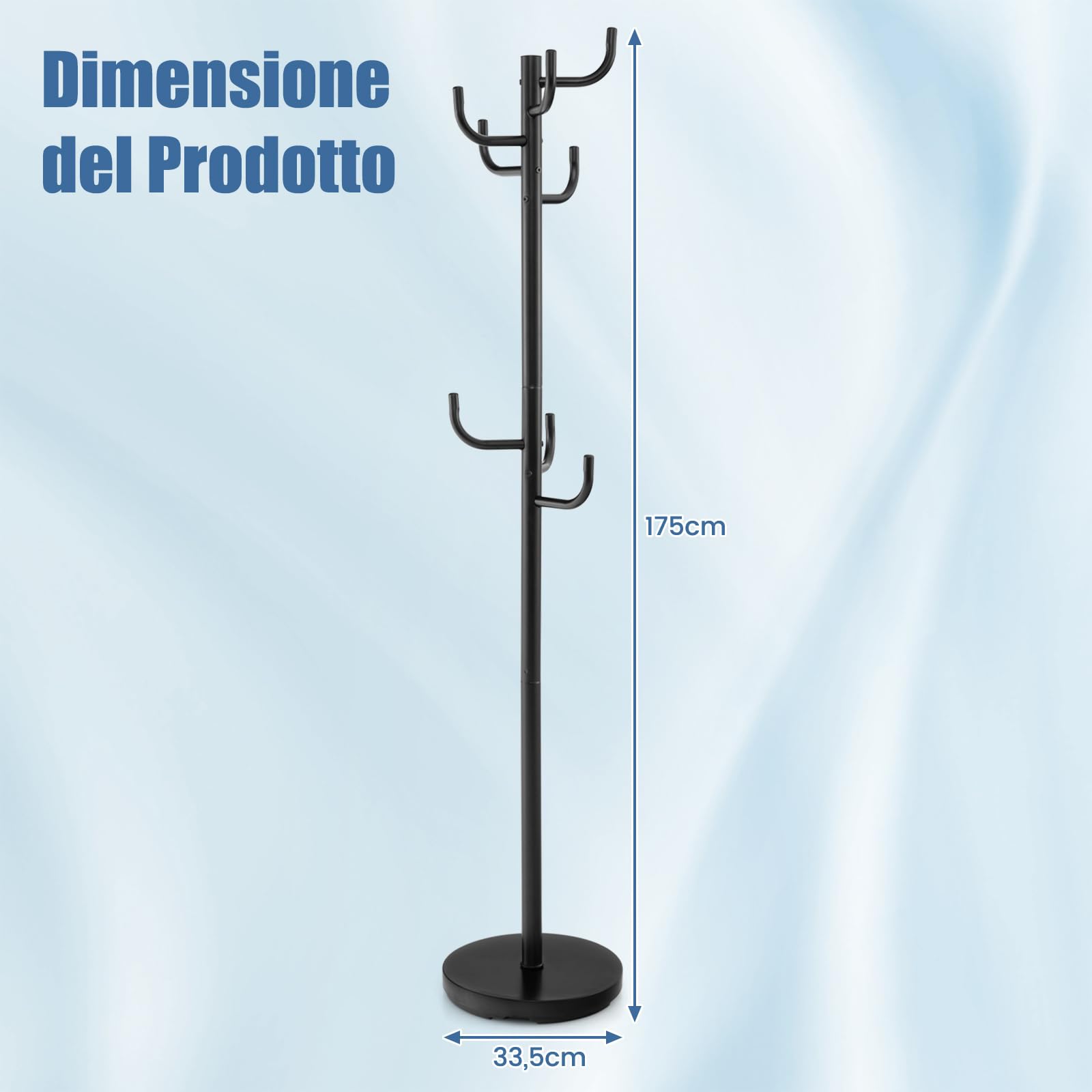 COSTWAY Attaccapanni in Metallo, Attaccapanni da Terra con 8 Ganci Robusti e Base Resistente, per Vestiti Borse Cappelli, 33,5 x 175 cm