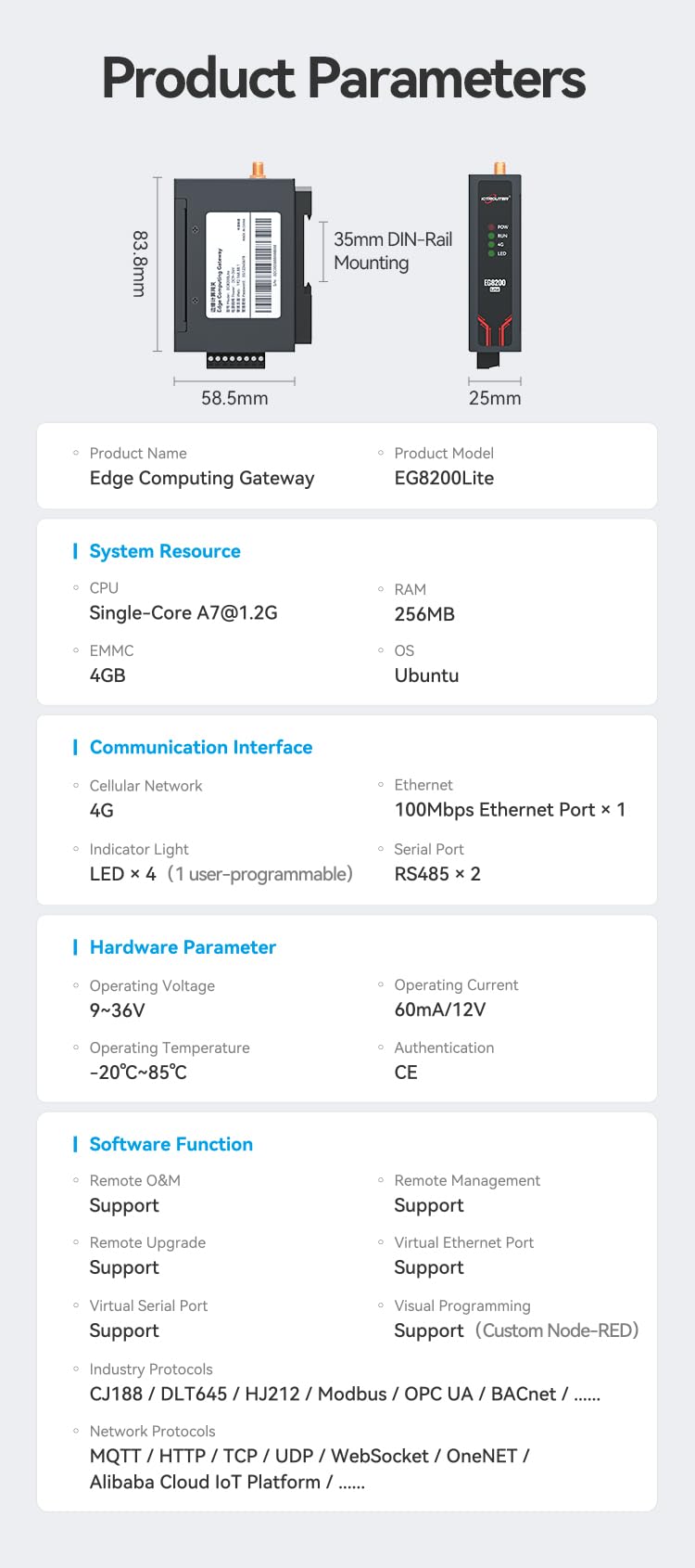 EG8200Lite Industrial IOT Edge Computing Gateway RS485 Serial to 4G LTE Ethernet Server MQTT Modbus Gateway Support OPC UA/BACnet, with NodeRed Remote Control