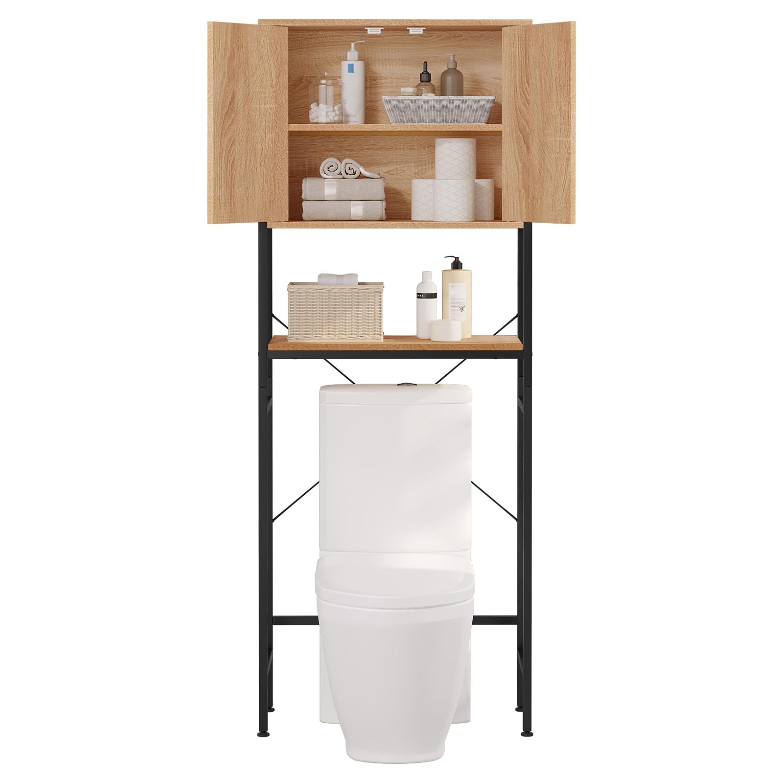 EUGAD Waschmaschinenschrank, Waschmaschinenregal Regal über Waschmaschine Toilette, Toilettenregal mit Schrank Verstellbarer Ablage, Badregal aus Holzwerkstoff Metall, 64,5x170x27 cm