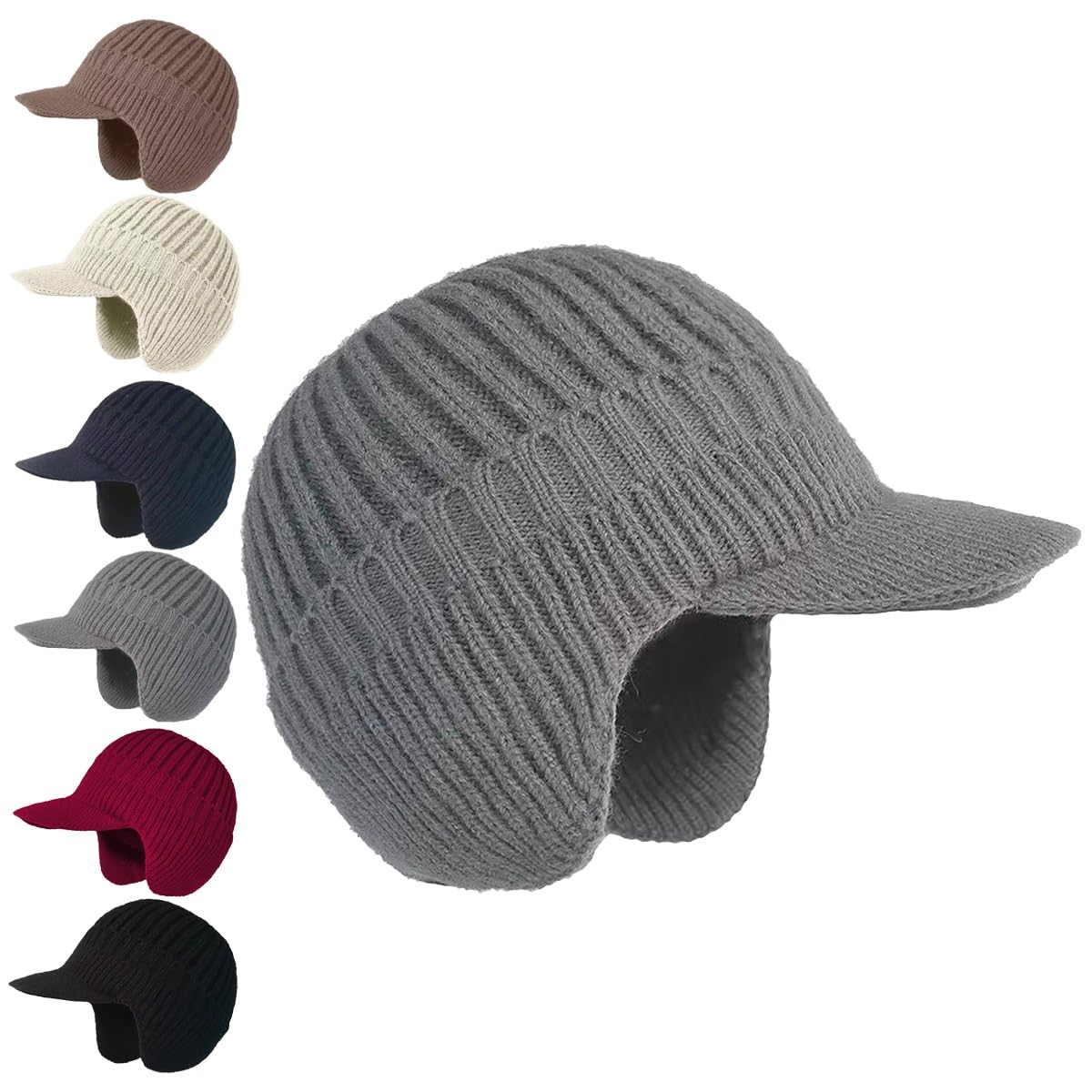 Bdcpmt Men's Grey Elastic Warm Ear Protection Knitted Hat, Winter Hat With Brim, Winter Visor Beanie Hat With Earflaps(Grey)
